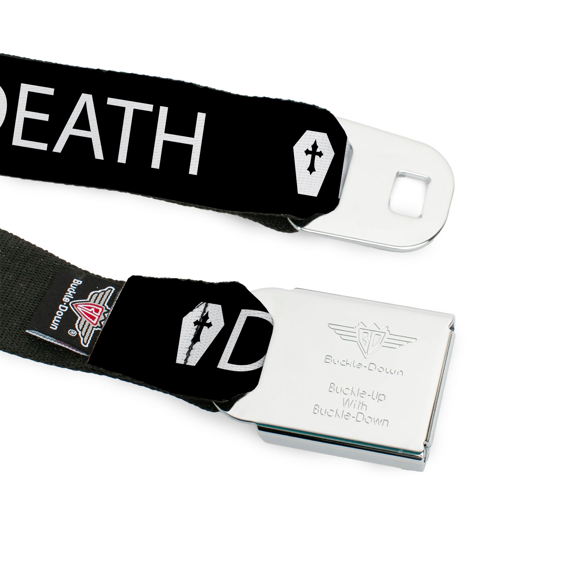 BD Wings Logo CLOSE-UP Full Color Black Silver Seatbelt Belt - DEATH/Coffin Black/White Webbing Seatbelt Belts Buckle-Down