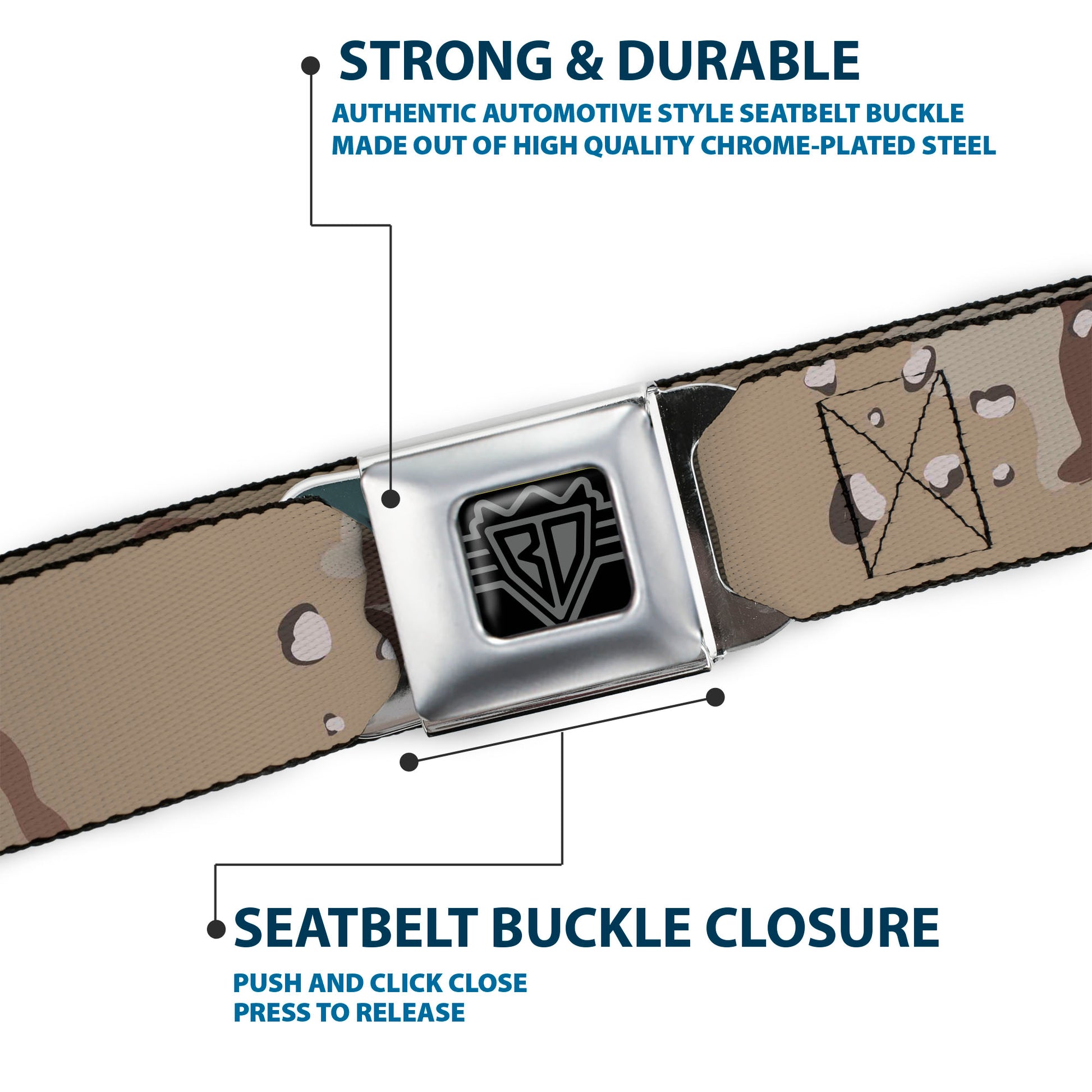 BD Wings Logo CLOSE-UP Full Color Black Silver Seatbelt Belt - Desert Camo Tans/Browns Webbing Seatbelt Belts Buckle-Down