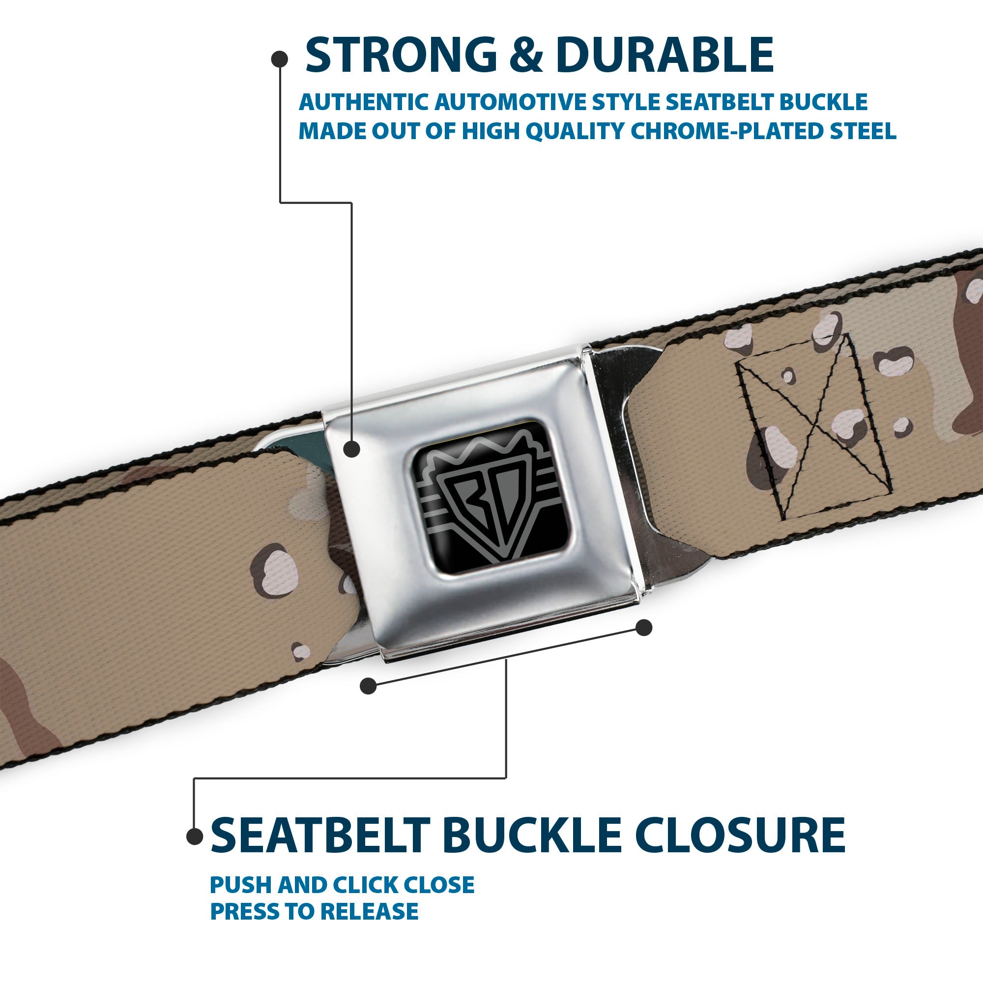 BD Wings Logo CLOSE-UP Full Color Black Silver Seatbelt Belt - Desert Camo Tans/Browns Webbing Seatbelt Belts Buckle-Down