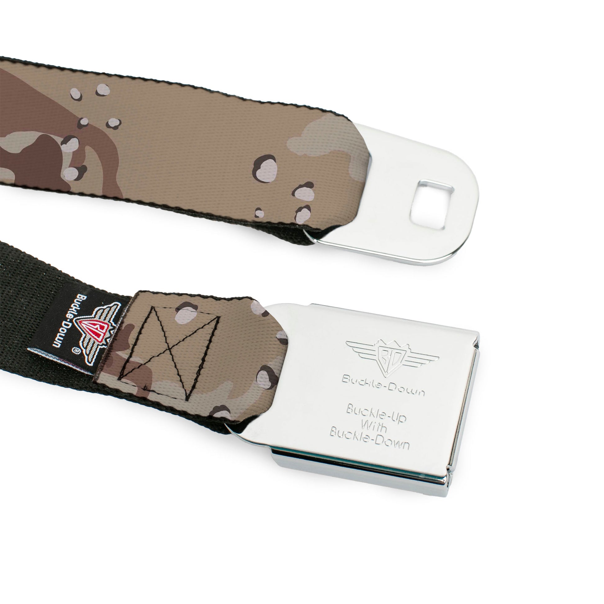 BD Wings Logo CLOSE-UP Full Color Black Silver Seatbelt Belt - Desert Camo Tans/Browns Webbing Seatbelt Belts Buckle-Down