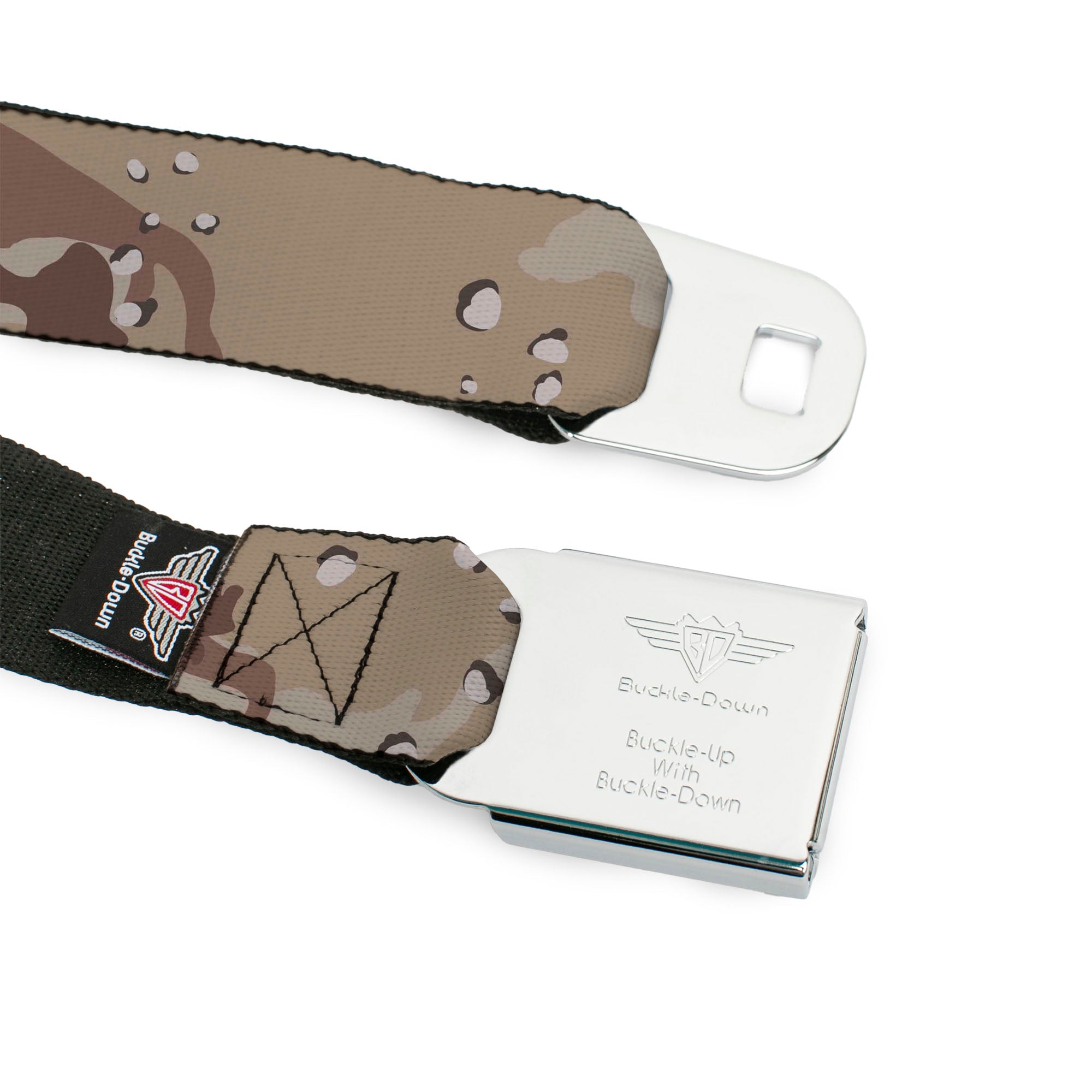 BD Wings Logo CLOSE-UP Full Color Black Silver Seatbelt Belt - Desert Camo Tans/Browns Webbing Seatbelt Belts Buckle-Down