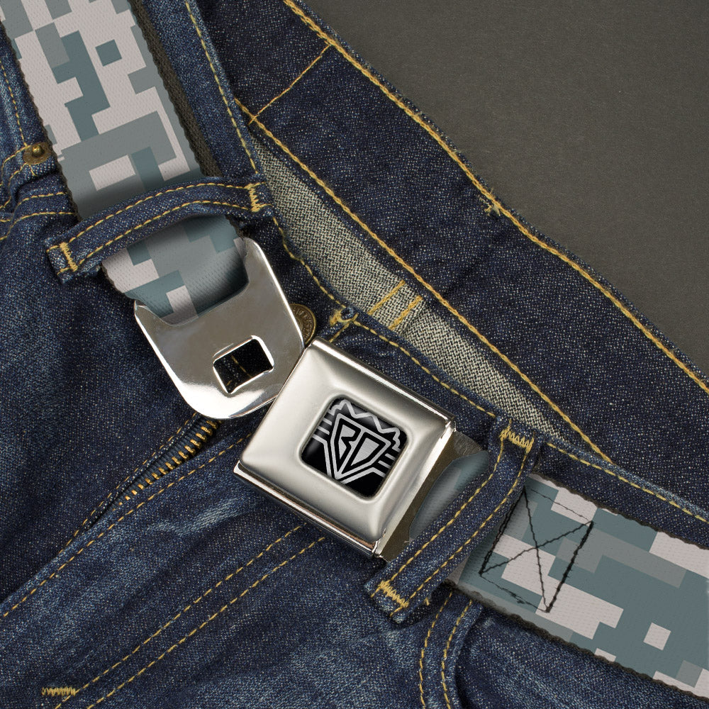 BD Wings Logo CLOSE-UP Full Color Black Silver Seatbelt Belt - Digital Camo2 Grays Webbing Seatbelt Belts Buckle-Down