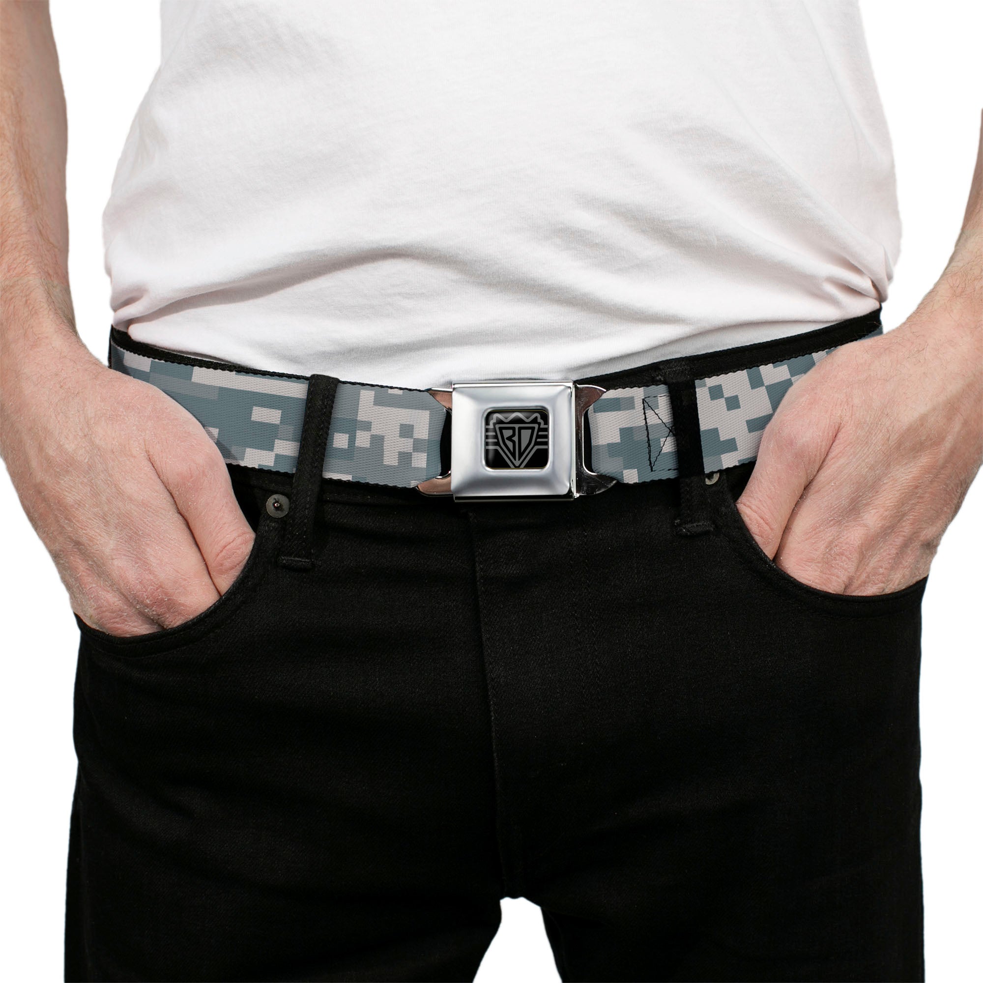 BD Wings Logo CLOSE-UP Full Color Black Silver Seatbelt Belt - Digital Camo2 Grays Webbing Seatbelt Belts Buckle-Down