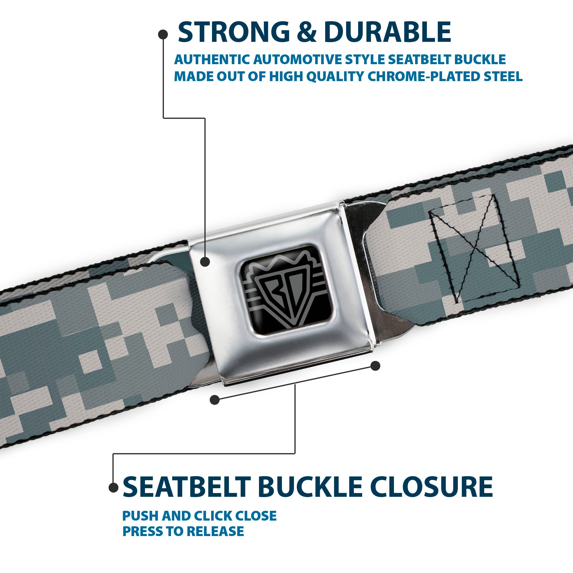 BD Wings Logo CLOSE-UP Full Color Black Silver Seatbelt Belt - Digital Camo2 Grays Webbing Seatbelt Belts Buckle-Down