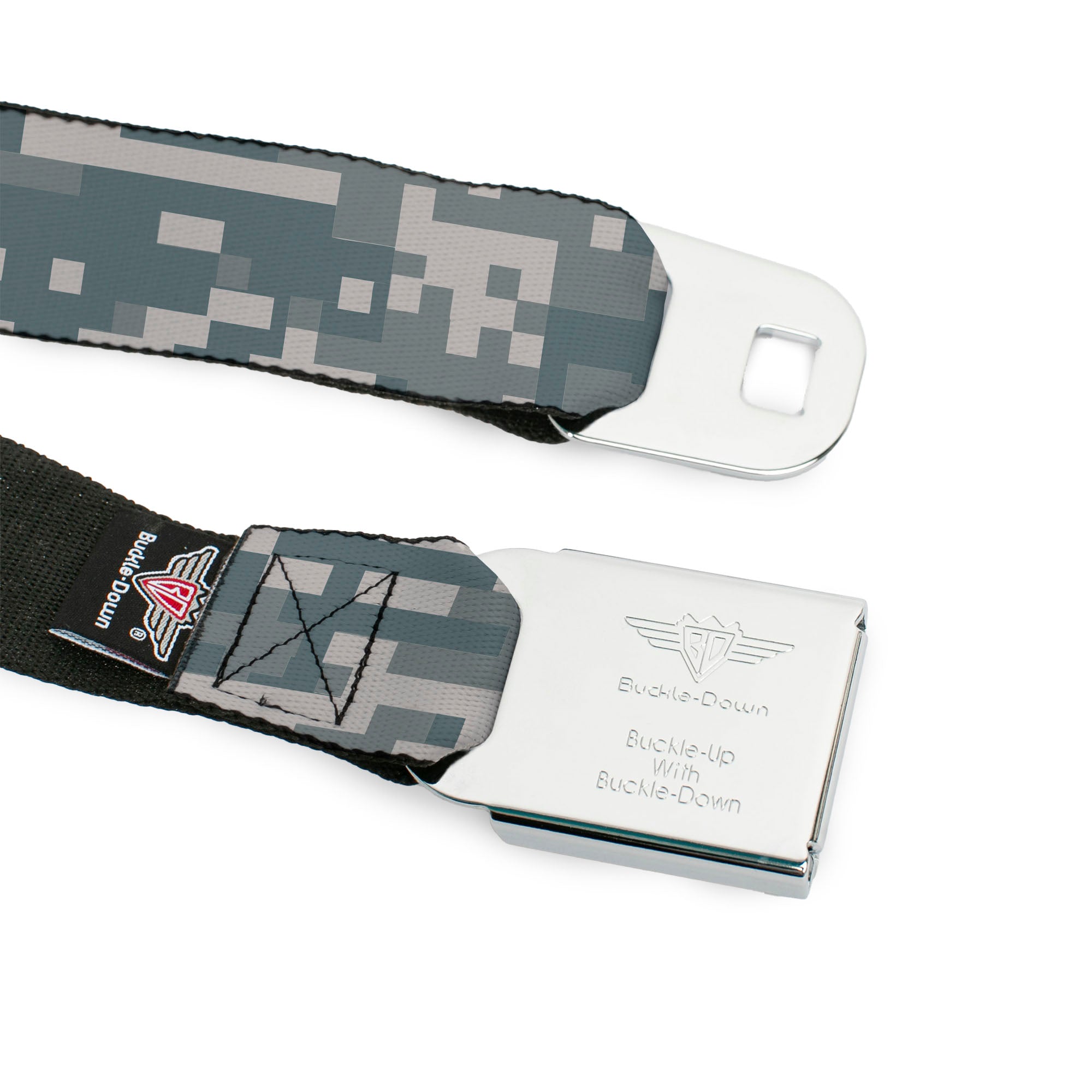 BD Wings Logo CLOSE-UP Full Color Black Silver Seatbelt Belt - Digital Camo2 Grays Webbing Seatbelt Belts Buckle-Down