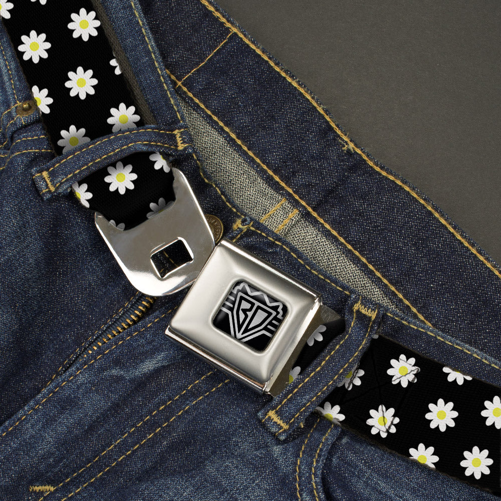 BD Wings Logo CLOSE-UP Full Color Black Silver Seatbelt Belt - Daisies Scattered Black/White/Yellow Webbing Seatbelt Belts Buckle-Down