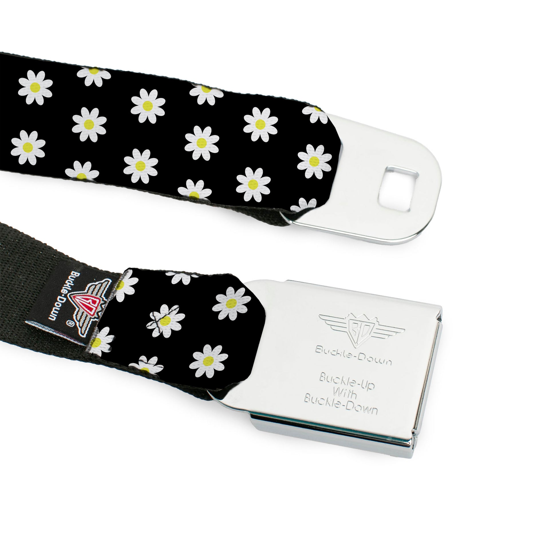 BD Wings Logo CLOSE-UP Full Color Black Silver Seatbelt Belt - Daisies Scattered Black/White/Yellow Webbing Seatbelt Belts Buckle-Down