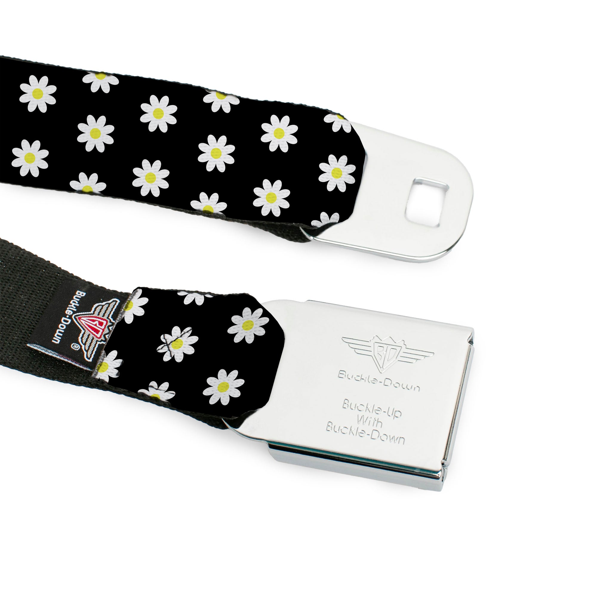 BD Wings Logo CLOSE-UP Full Color Black Silver Seatbelt Belt - Daisies Scattered Black/White/Yellow Webbing Seatbelt Belts Buckle-Down