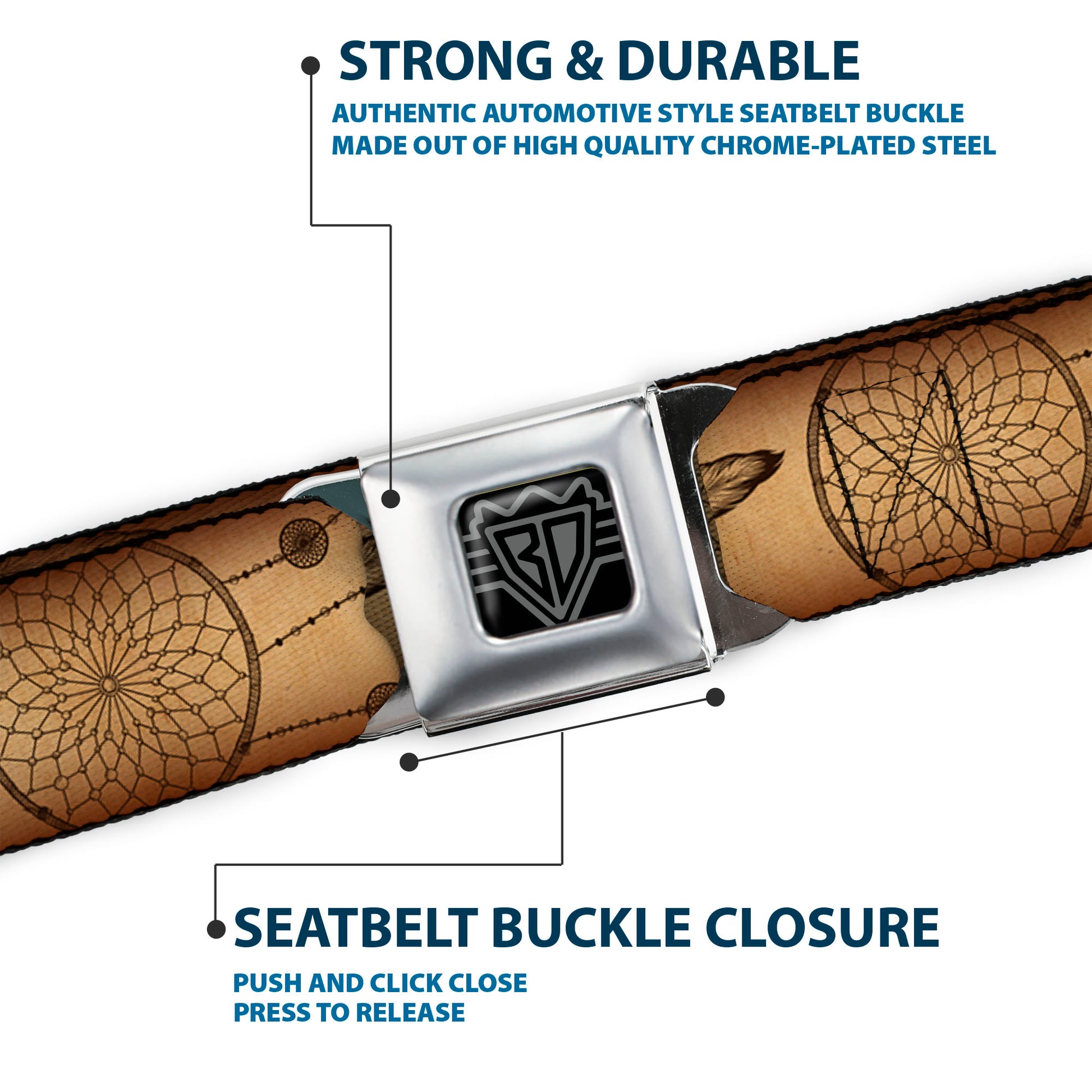 BD Wings Logo CLOSE-UP Black/Silver Seatbelt Belt - Dream Catcher Tan/Black Webbing Seatbelt Belts Buckle-Down