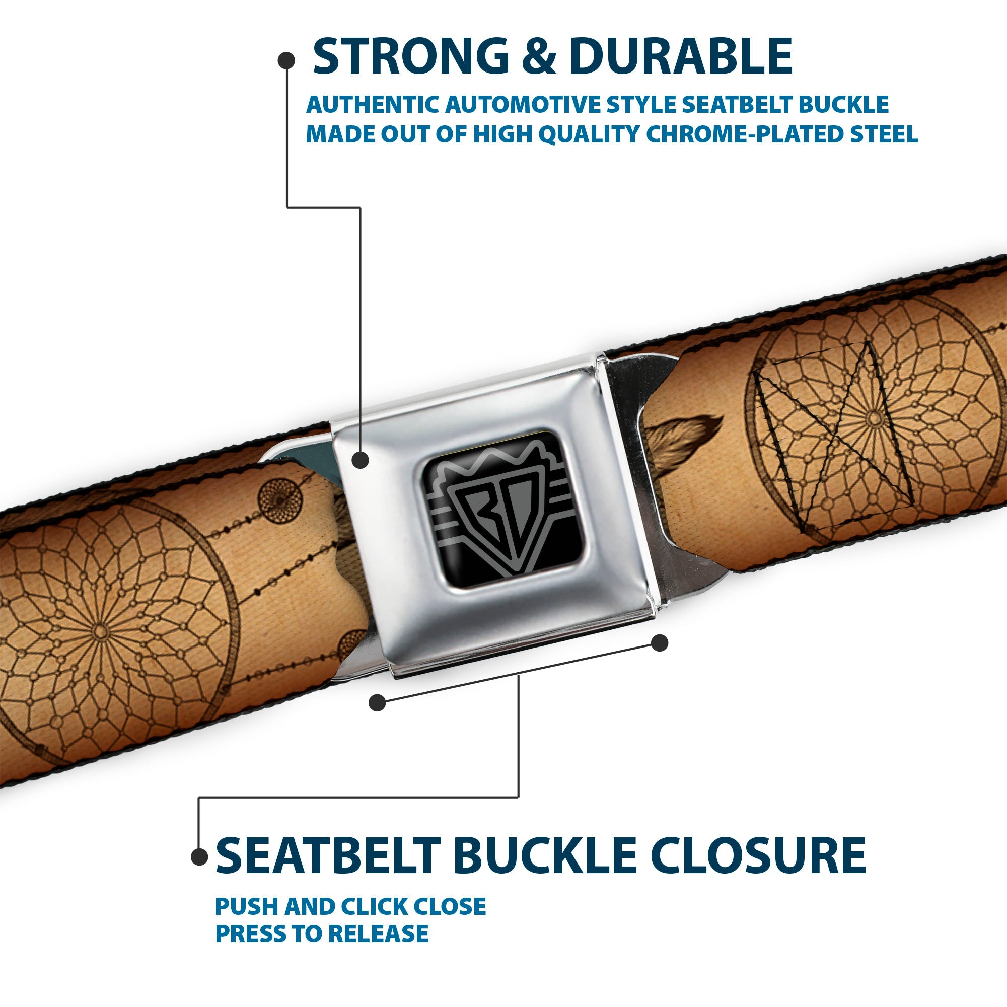 BD Wings Logo CLOSE-UP Black/Silver Seatbelt Belt - Dream Catcher Tan/Black Webbing Seatbelt Belts Buckle-Down