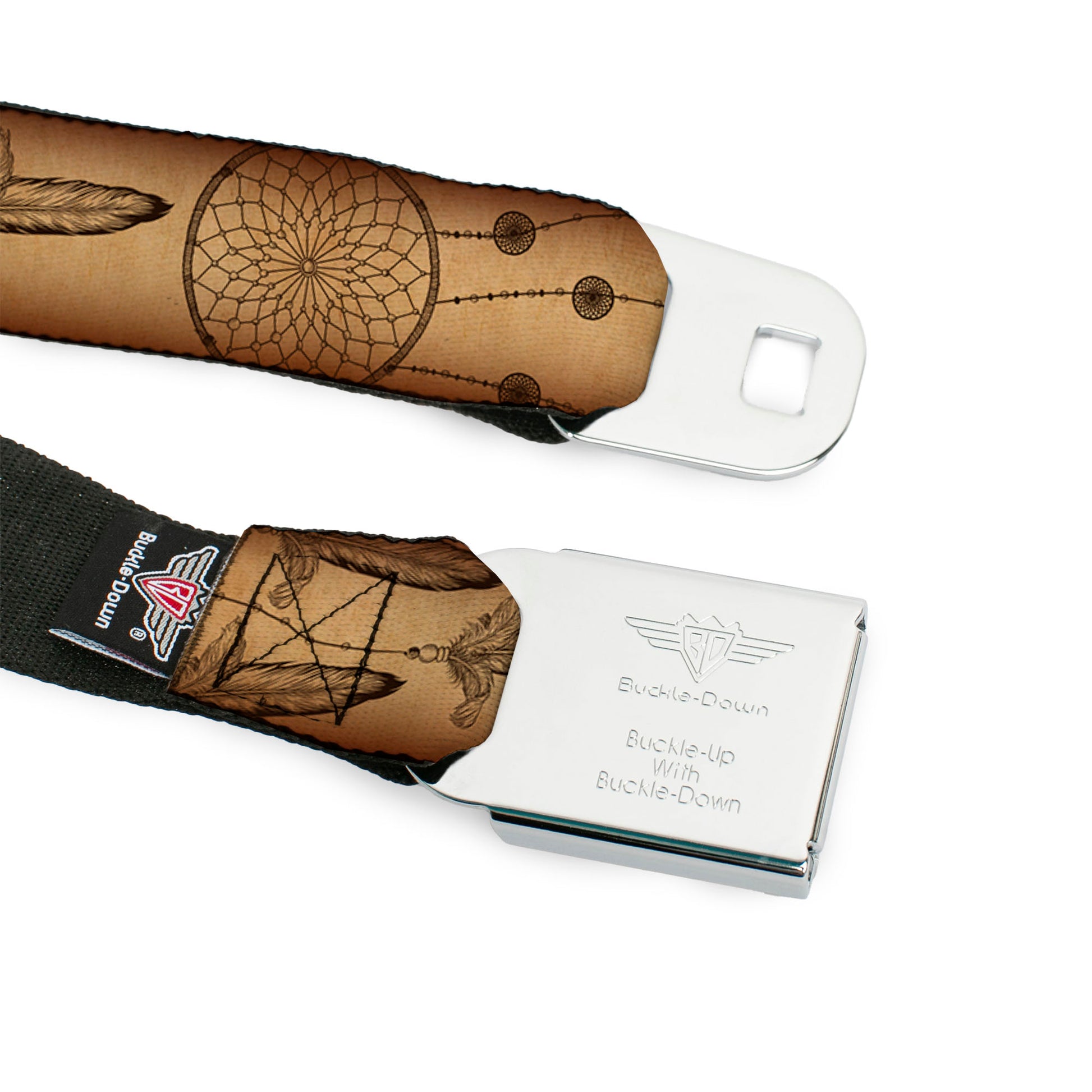 BD Wings Logo CLOSE-UP Black/Silver Seatbelt Belt - Dream Catcher Tan/Black Webbing Seatbelt Belts Buckle-Down