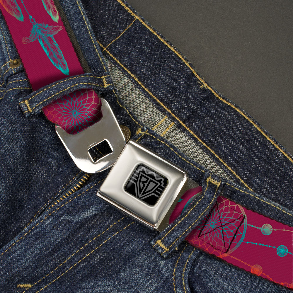 BD Wings Logo CLOSE-UP Black/Silver Seatbelt Belt - Dream Catcher Burgundy/Multi Color Fade Webbing Seatbelt Belts Buckle-Down