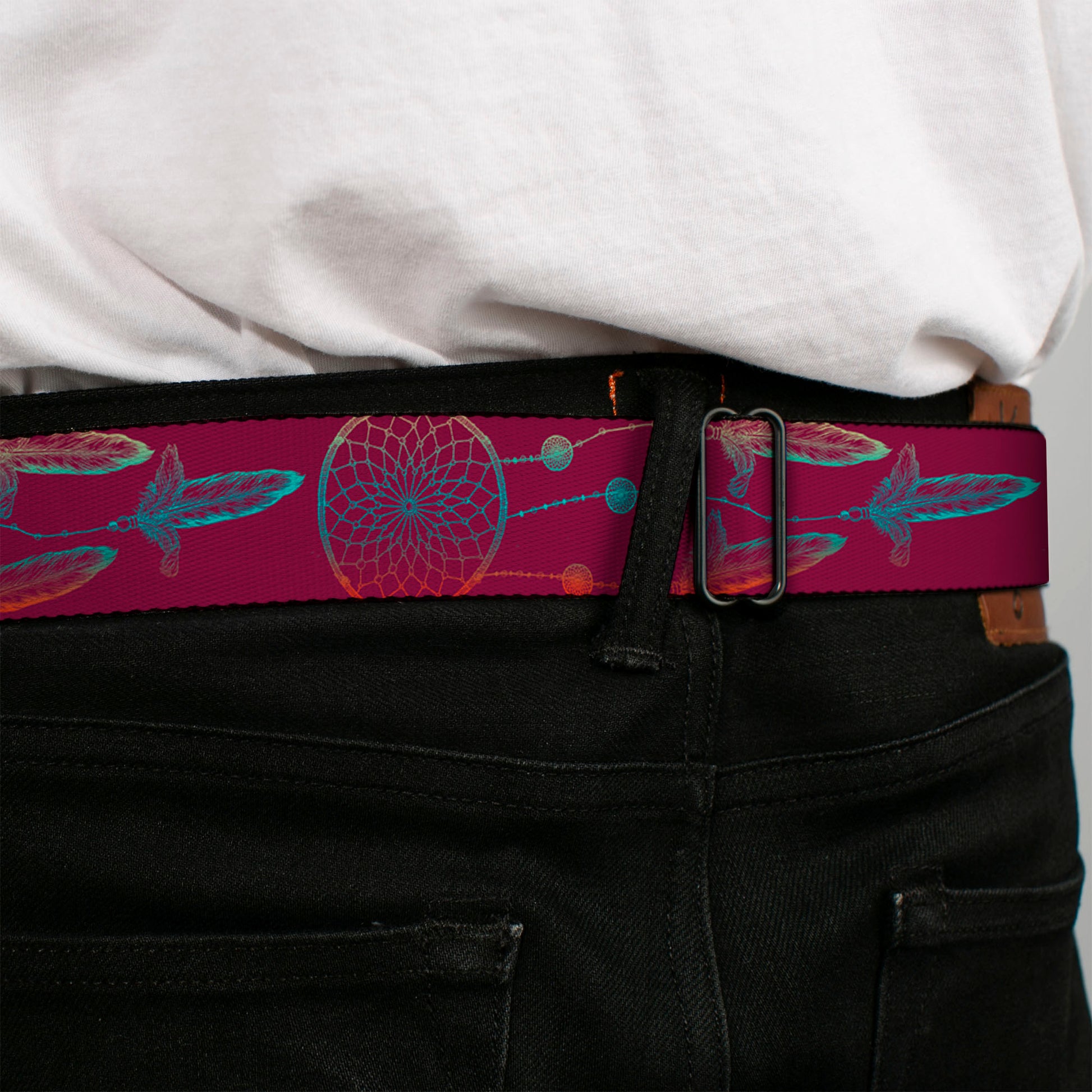 BD Wings Logo CLOSE-UP Black/Silver Seatbelt Belt - Dream Catcher Burgundy/Multi Color Fade Webbing Seatbelt Belts Buckle-Down