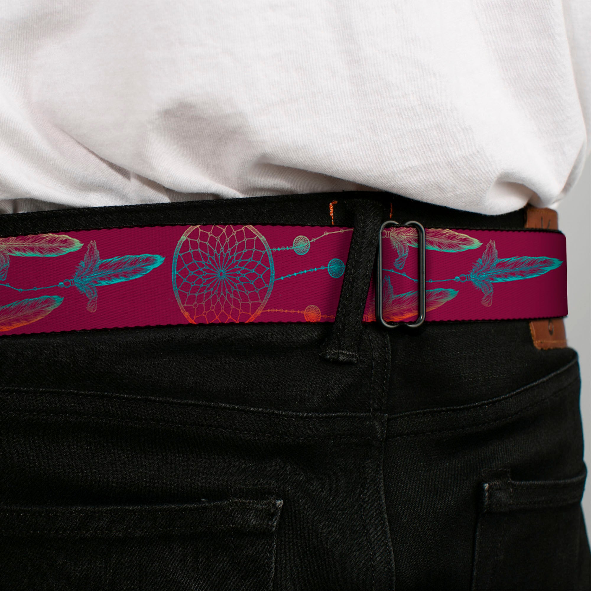 BD Wings Logo CLOSE-UP Black/Silver Seatbelt Belt - Dream Catcher Burgundy/Multi Color Fade Webbing Seatbelt Belts Buckle-Down