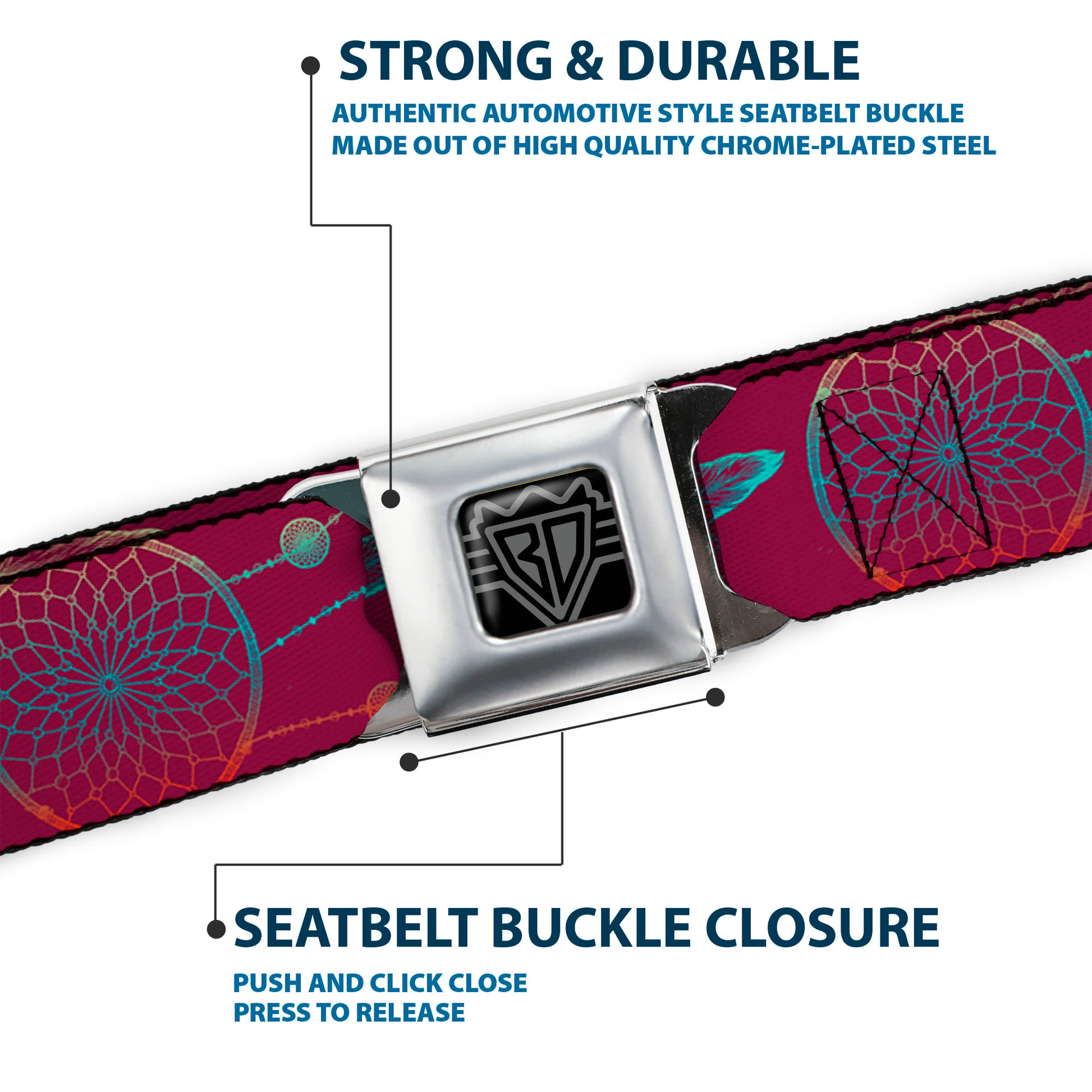 BD Wings Logo CLOSE-UP Black/Silver Seatbelt Belt - Dream Catcher Burgundy/Multi Color Fade Webbing Seatbelt Belts Buckle-Down