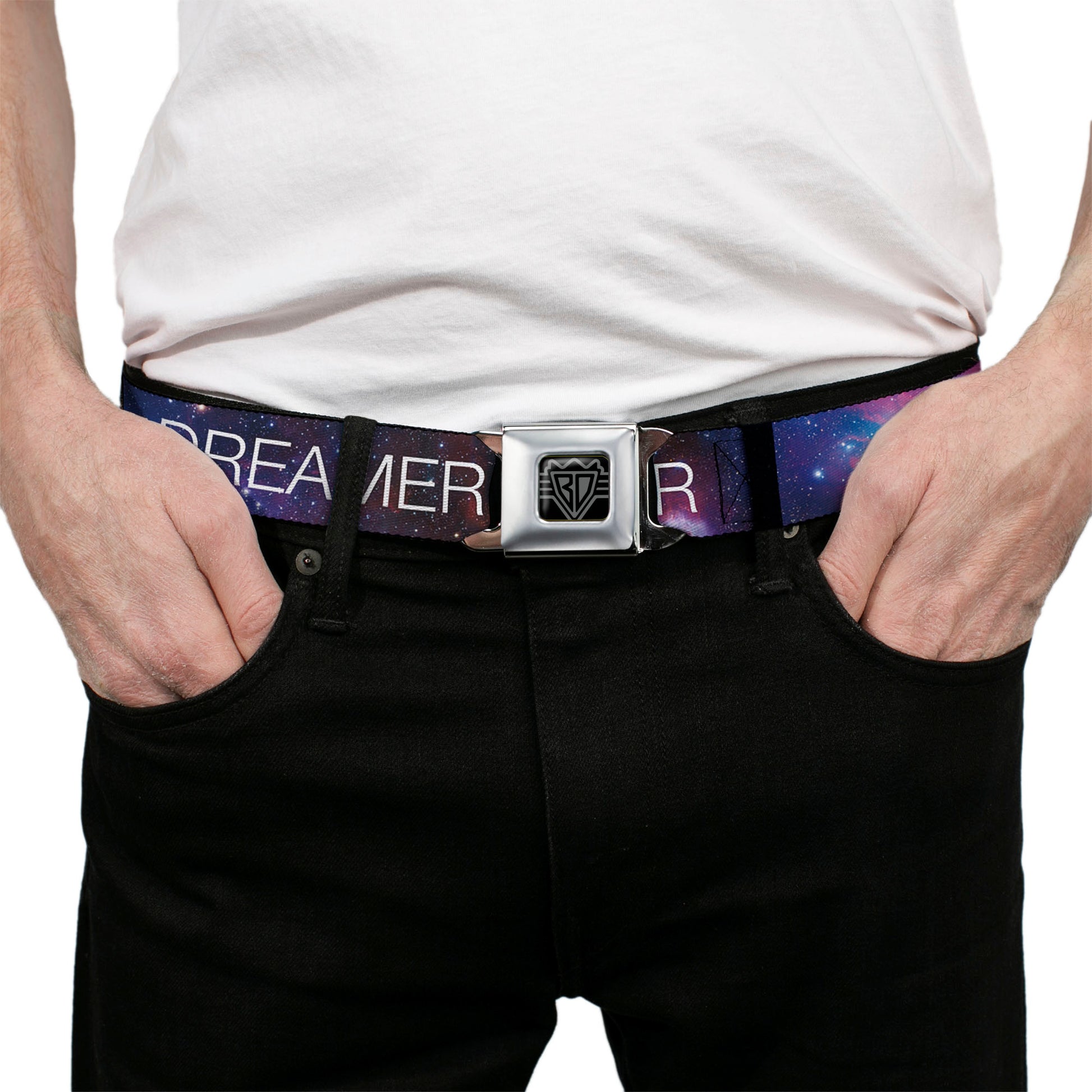 BD Wings Logo CLOSE-UP Full Color Black Silver Seatbelt Belt - DREAMER Galaxy/White Webbing Seatbelt Belts Buckle-Down