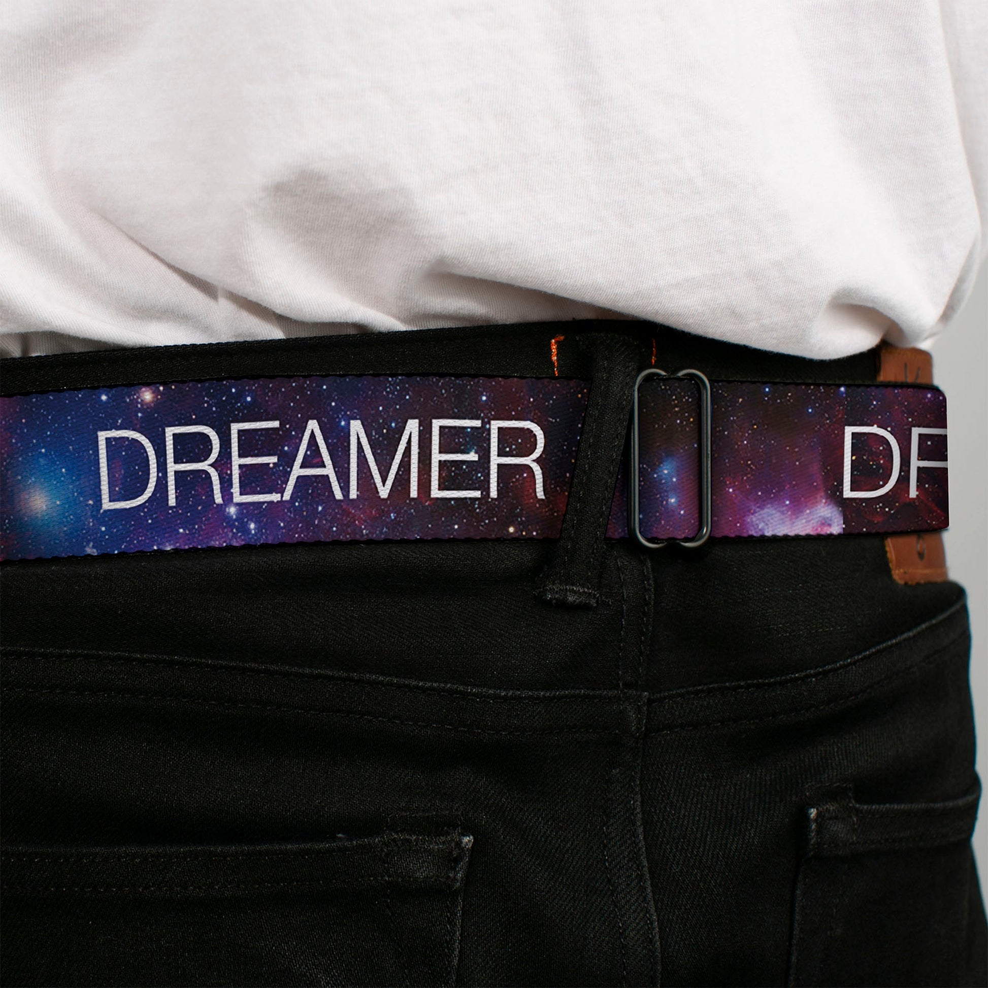 BD Wings Logo CLOSE-UP Full Color Black Silver Seatbelt Belt - DREAMER Galaxy/White Webbing Seatbelt Belts Buckle-Down