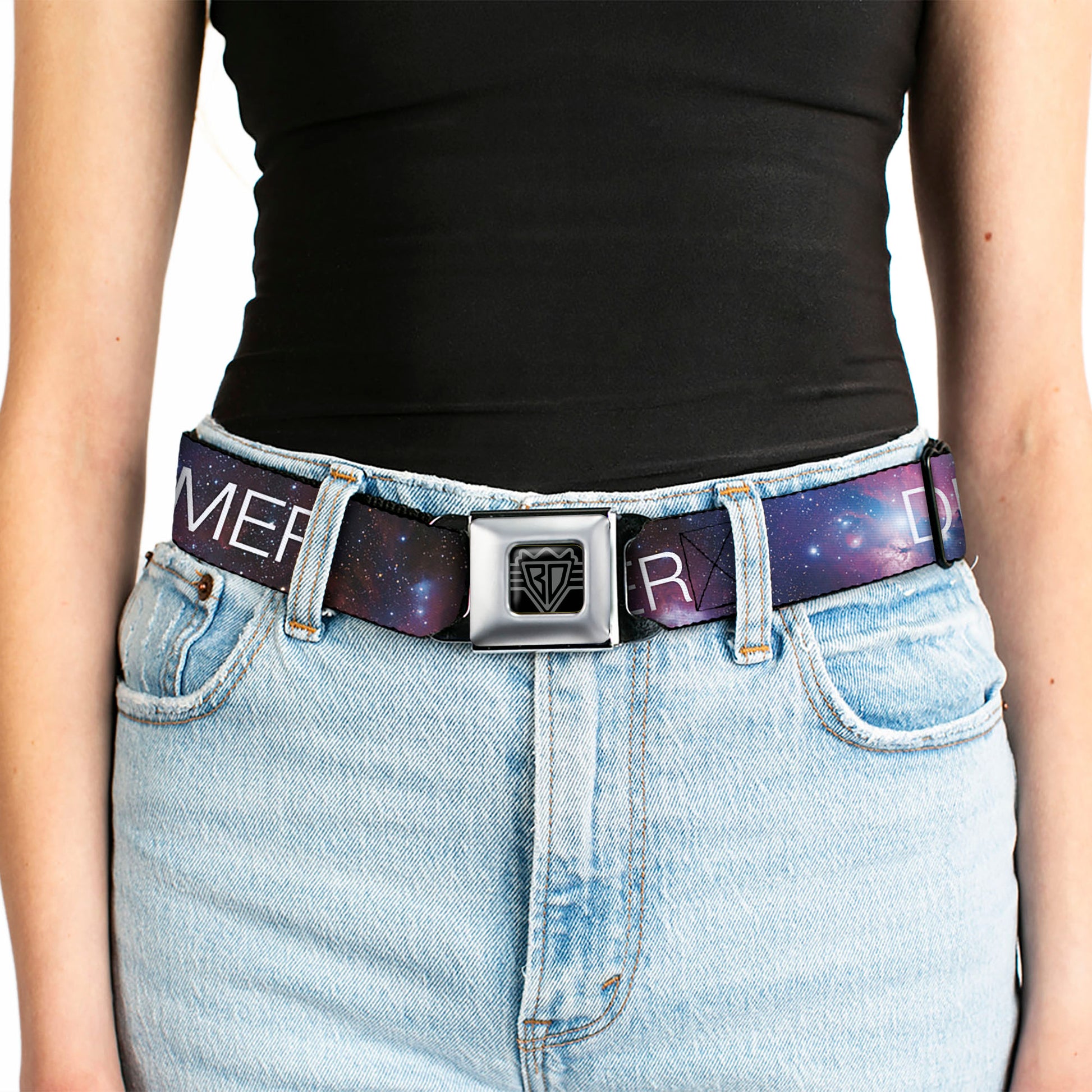 BD Wings Logo CLOSE-UP Full Color Black Silver Seatbelt Belt - DREAMER Galaxy/White Webbing Seatbelt Belts Buckle-Down