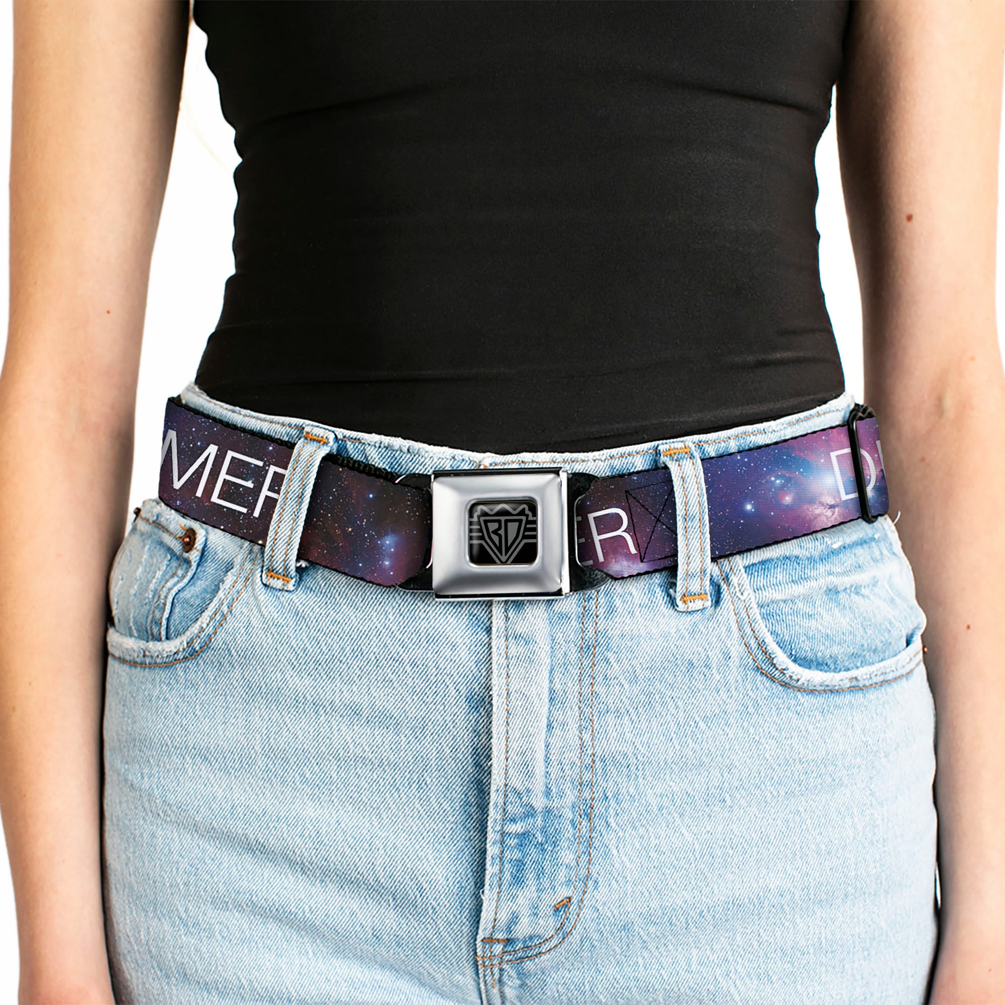 BD Wings Logo CLOSE-UP Full Color Black Silver Seatbelt Belt - DREAMER Galaxy/White Webbing Seatbelt Belts Buckle-Down