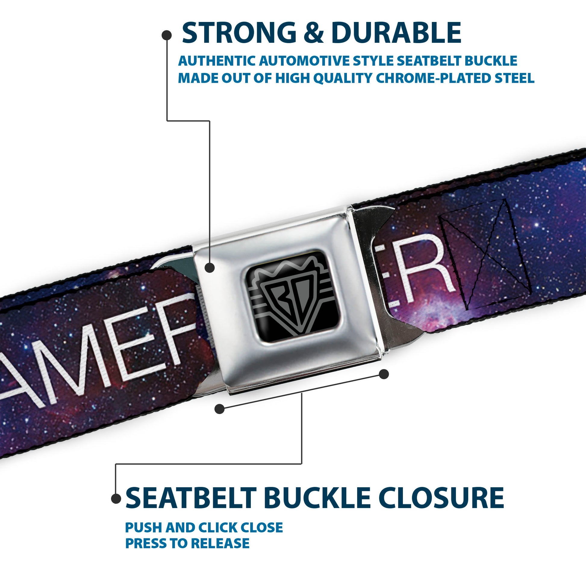 BD Wings Logo CLOSE-UP Full Color Black Silver Seatbelt Belt - DREAMER Galaxy/White Webbing Seatbelt Belts Buckle-Down