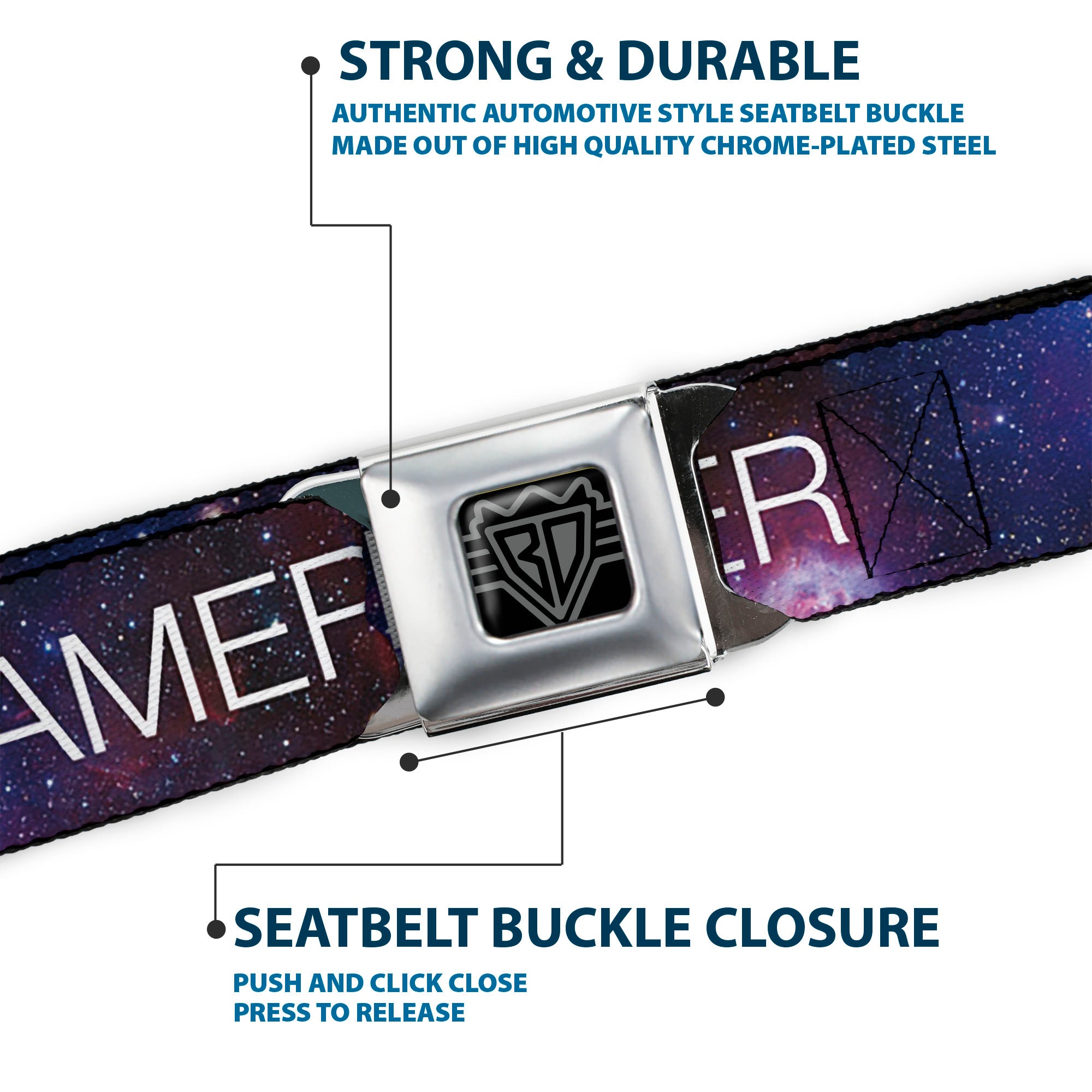 BD Wings Logo CLOSE-UP Full Color Black Silver Seatbelt Belt - DREAMER Galaxy/White Webbing Seatbelt Belts Buckle-Down