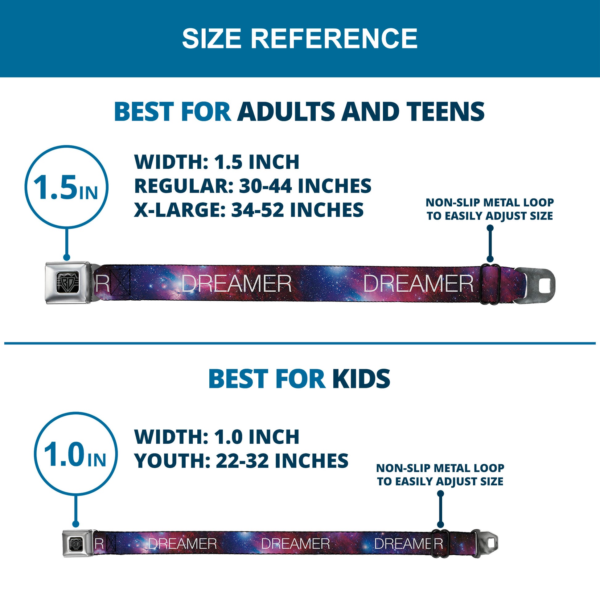 BD Wings Logo CLOSE-UP Full Color Black Silver Seatbelt Belt - DREAMER Galaxy/White Webbing Seatbelt Belts Buckle-Down