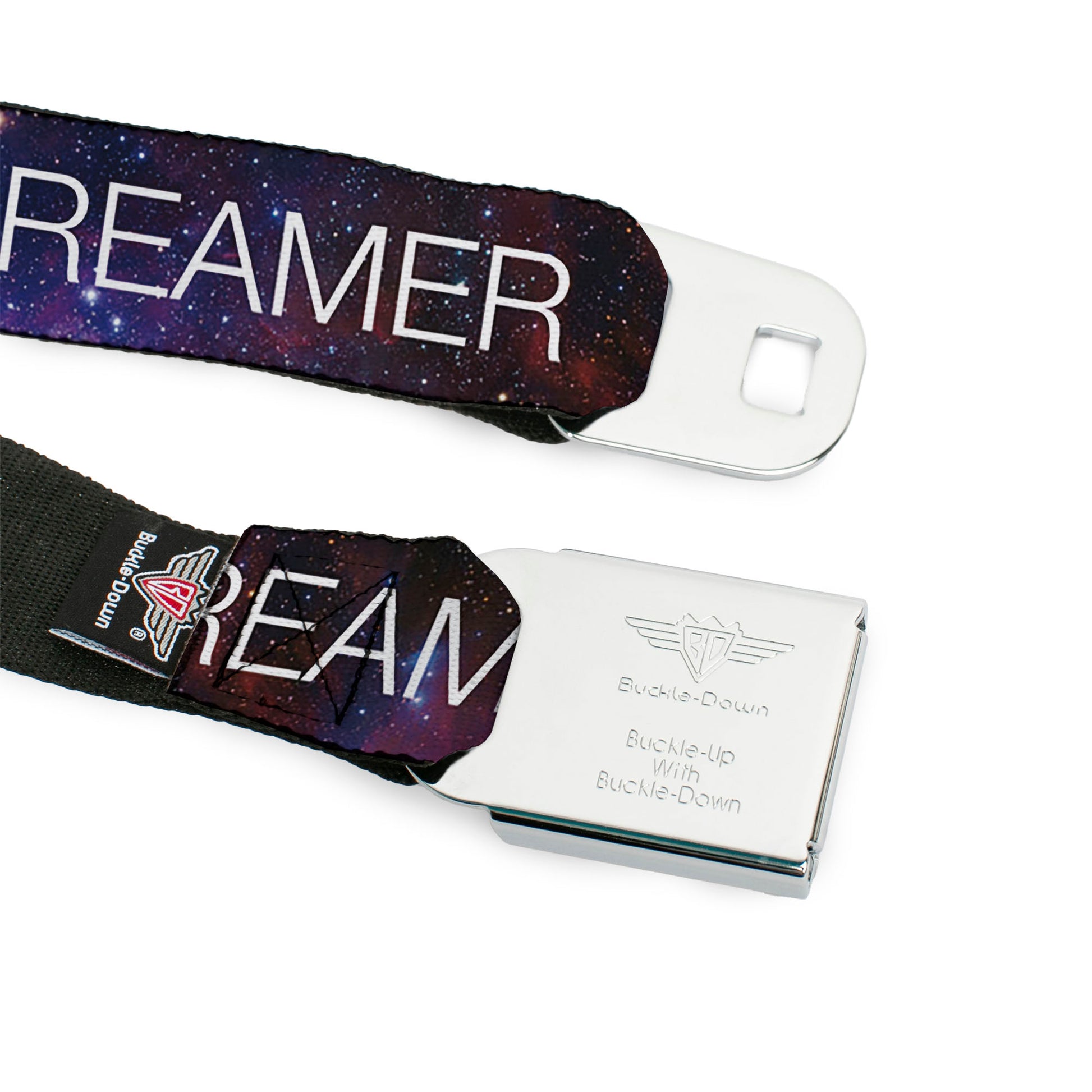 BD Wings Logo CLOSE-UP Full Color Black Silver Seatbelt Belt - DREAMER Galaxy/White Webbing Seatbelt Belts Buckle-Down