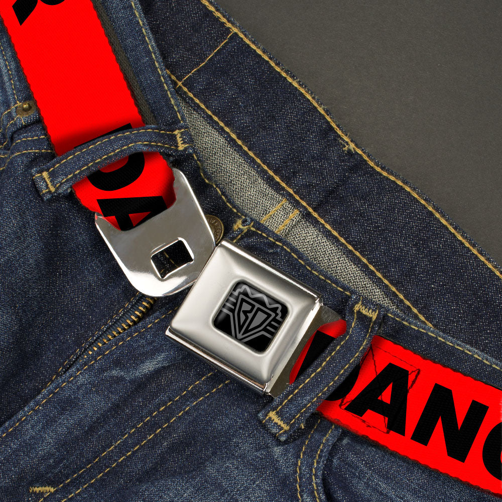 BD Wings Logo CLOSE-UP Black/Silver Seatbelt Belt - DANGER Text Red/Black Webbing Seatbelt Belts Buckle-Down