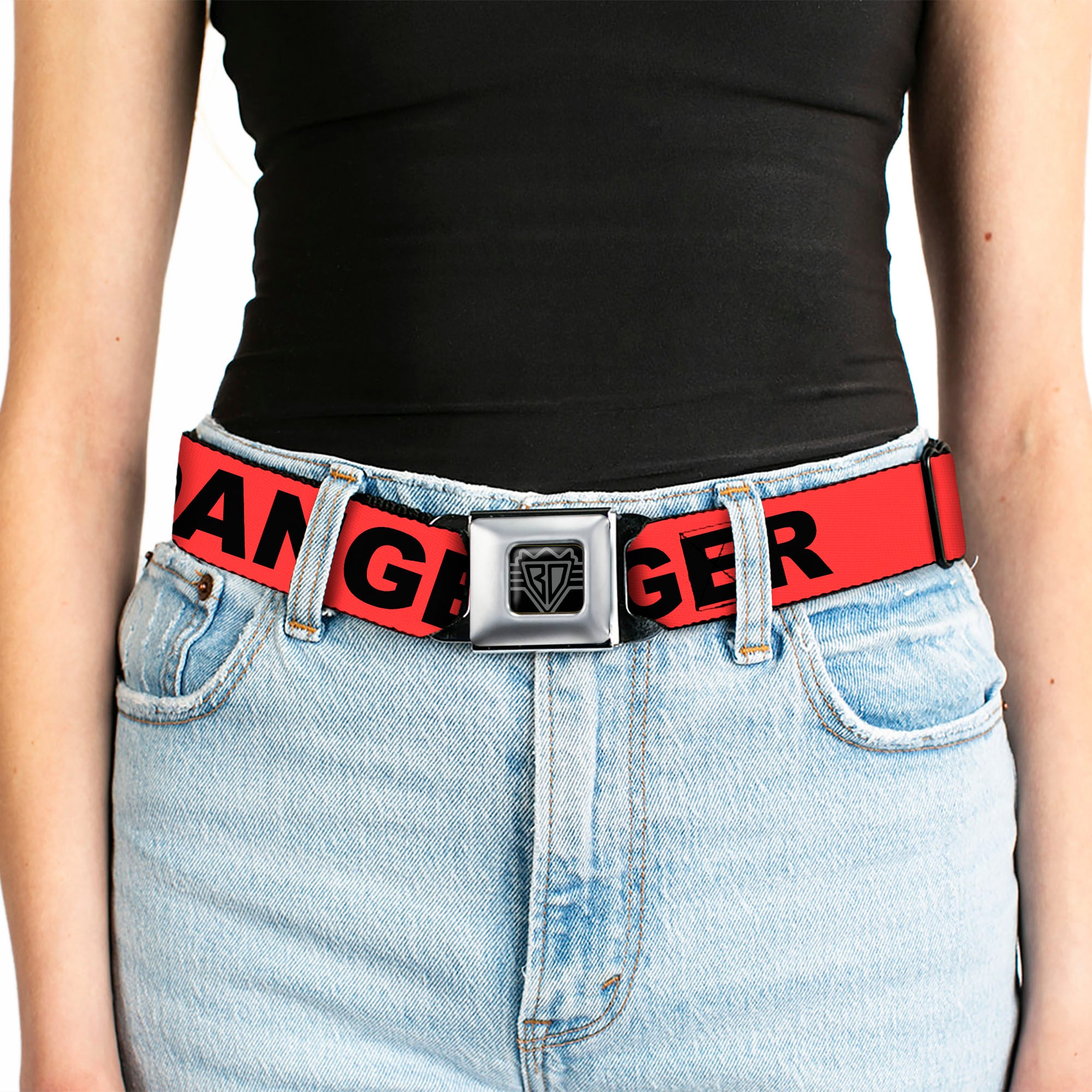 BD Wings Logo CLOSE-UP Black/Silver Seatbelt Belt - DANGER Text Red/Black Webbing Seatbelt Belts Buckle-Down