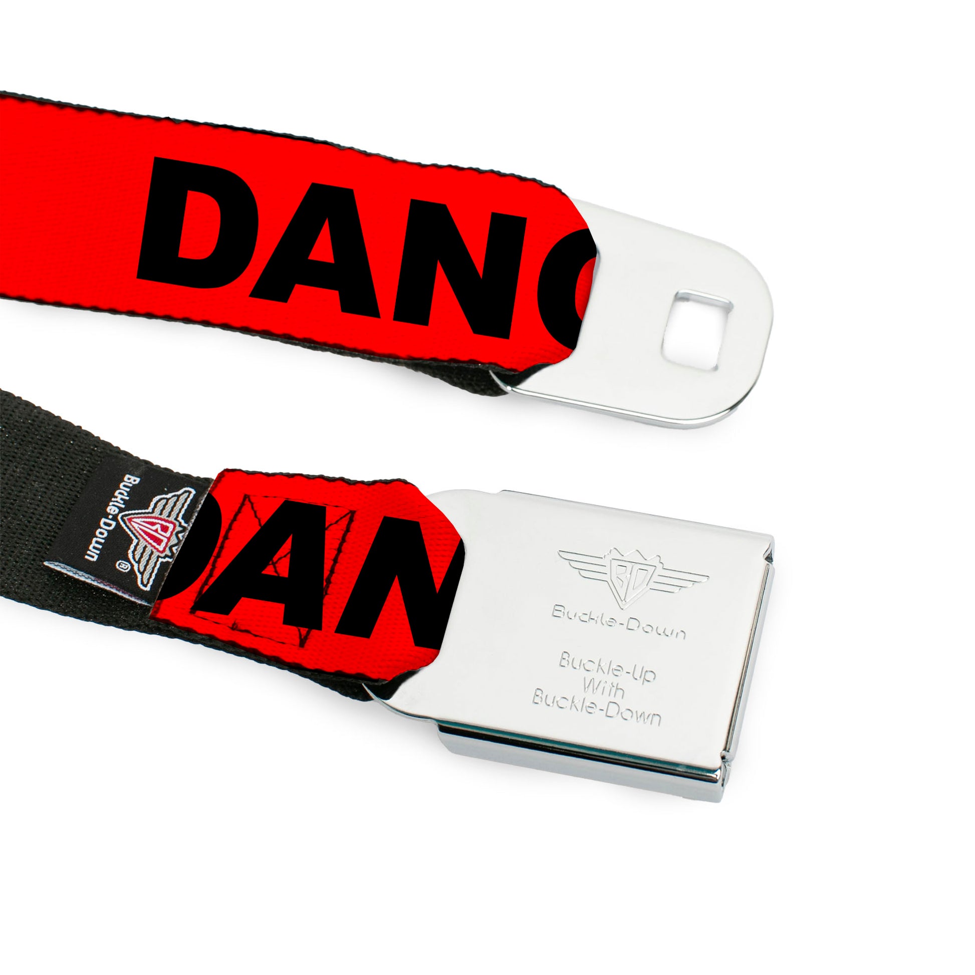BD Wings Logo CLOSE-UP Black/Silver Seatbelt Belt - DANGER Text Red/Black Webbing Seatbelt Belts Buckle-Down
