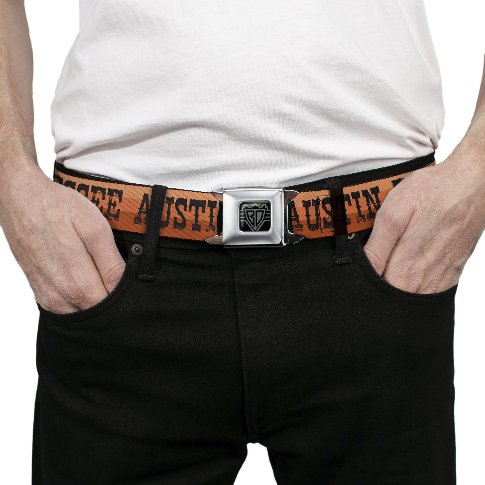 BD Wings Logo CLOSE-UP Black/Silver Seatbelt Belt - Dallas-Raleigh-Tennessee-Austin-Boston Stripes Browns/Black Webbing Seatbelt Belts Buckle-Down