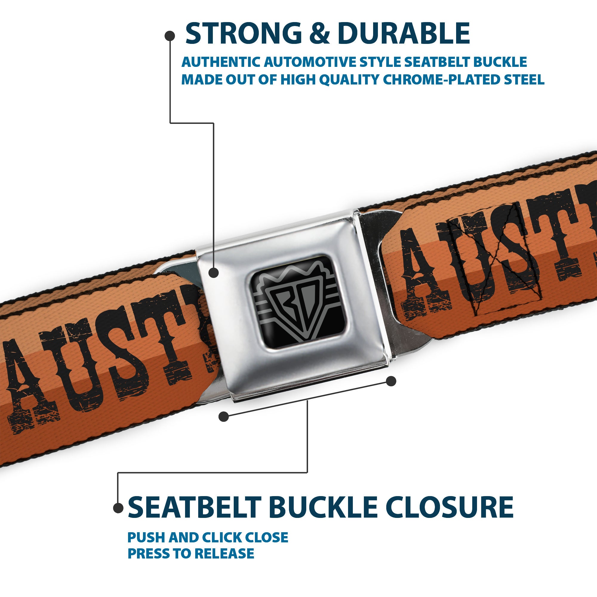 BD Wings Logo CLOSE-UP Black/Silver Seatbelt Belt - Dallas-Raleigh-Tennessee-Austin-Boston Stripes Browns/Black Webbing Seatbelt Belts Buckle-Down