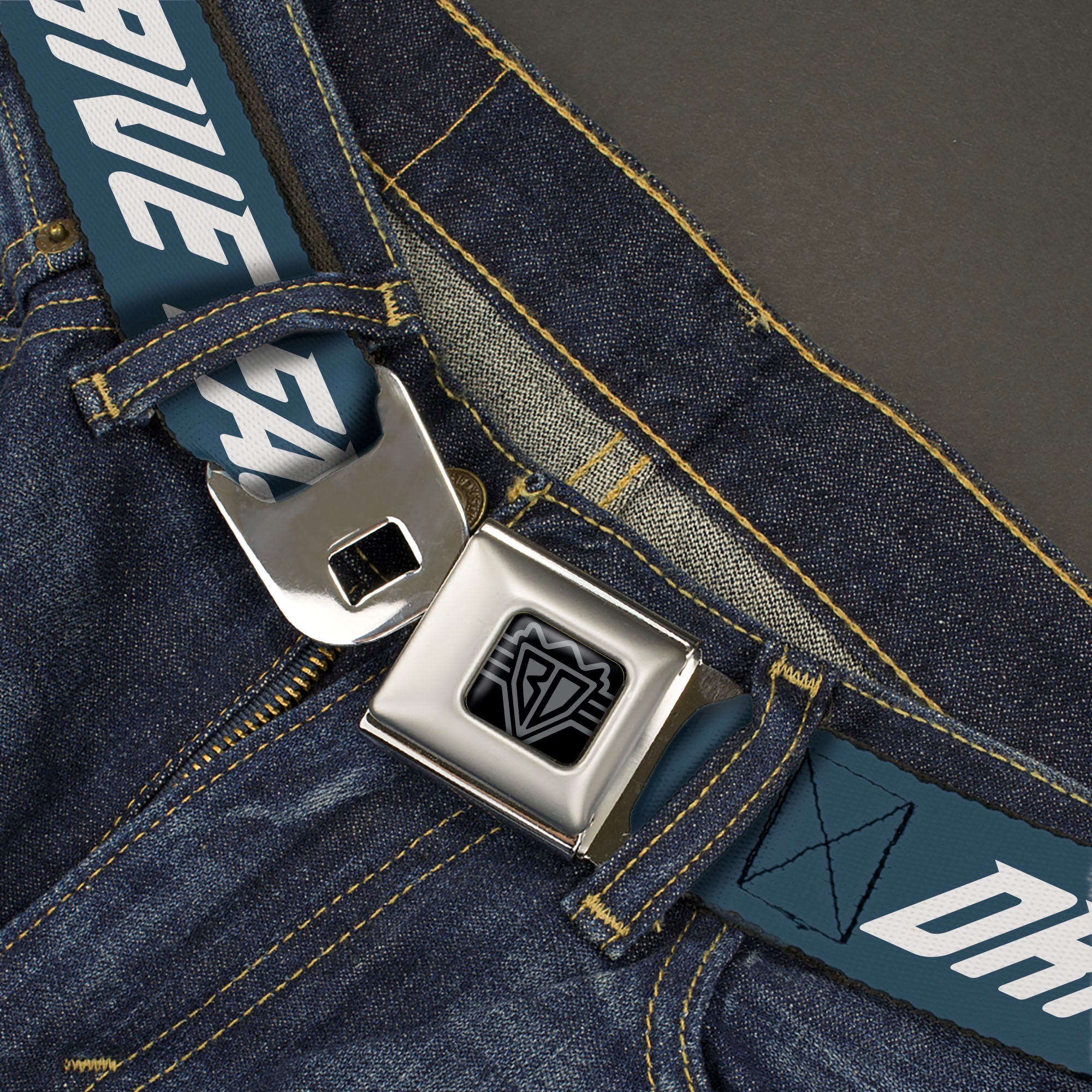 BD Wings Logo CLOSE-UP Black/Silver Seatbelt Belt - DRIVE FAST EAT ASS Text Racing Flags Blue/White Webbing Seatbelt Belts Buckle-Down