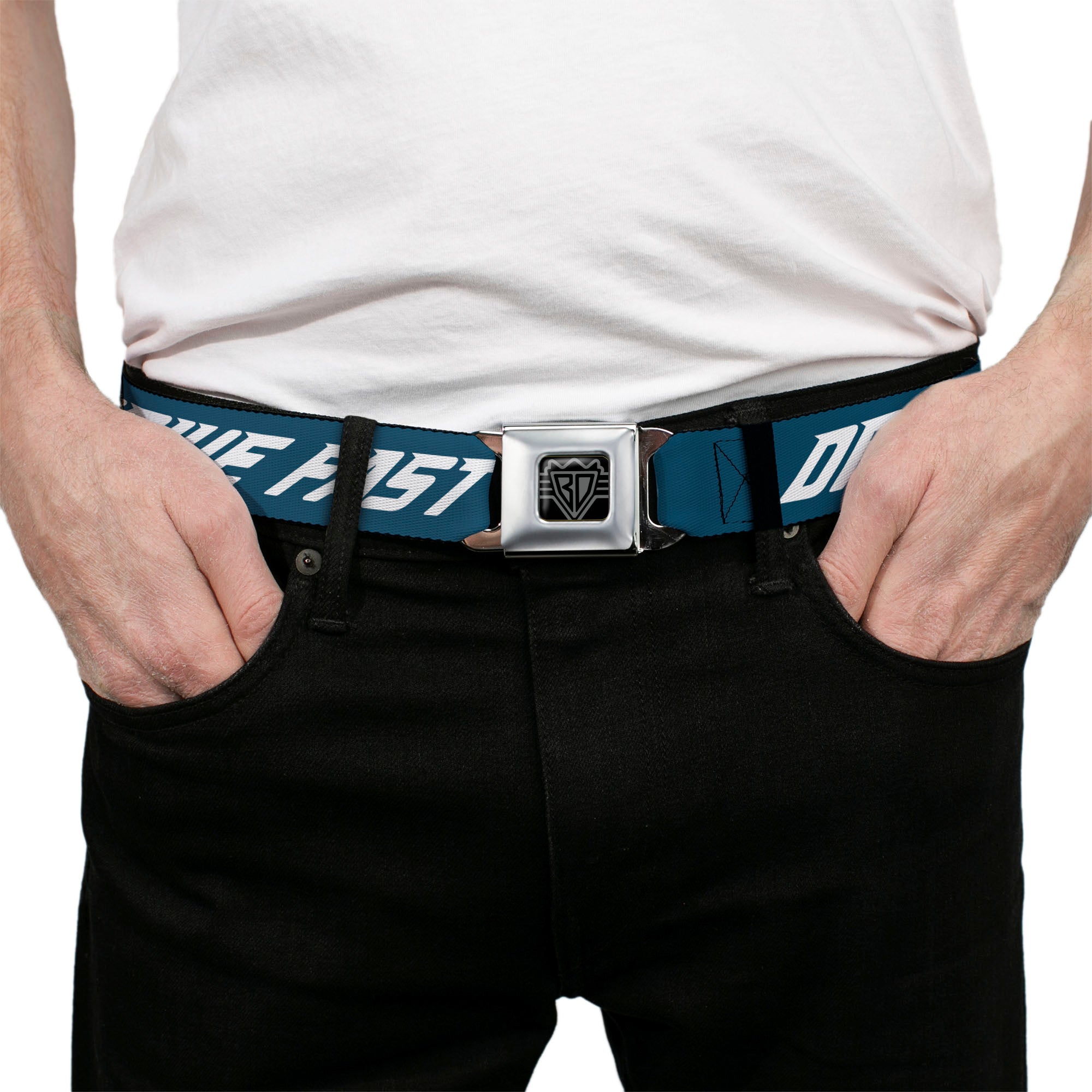 BD Wings Logo CLOSE-UP Black/Silver Seatbelt Belt - DRIVE FAST EAT ASS Text Racing Flags Blue/White Webbing Seatbelt Belts Buckle-Down