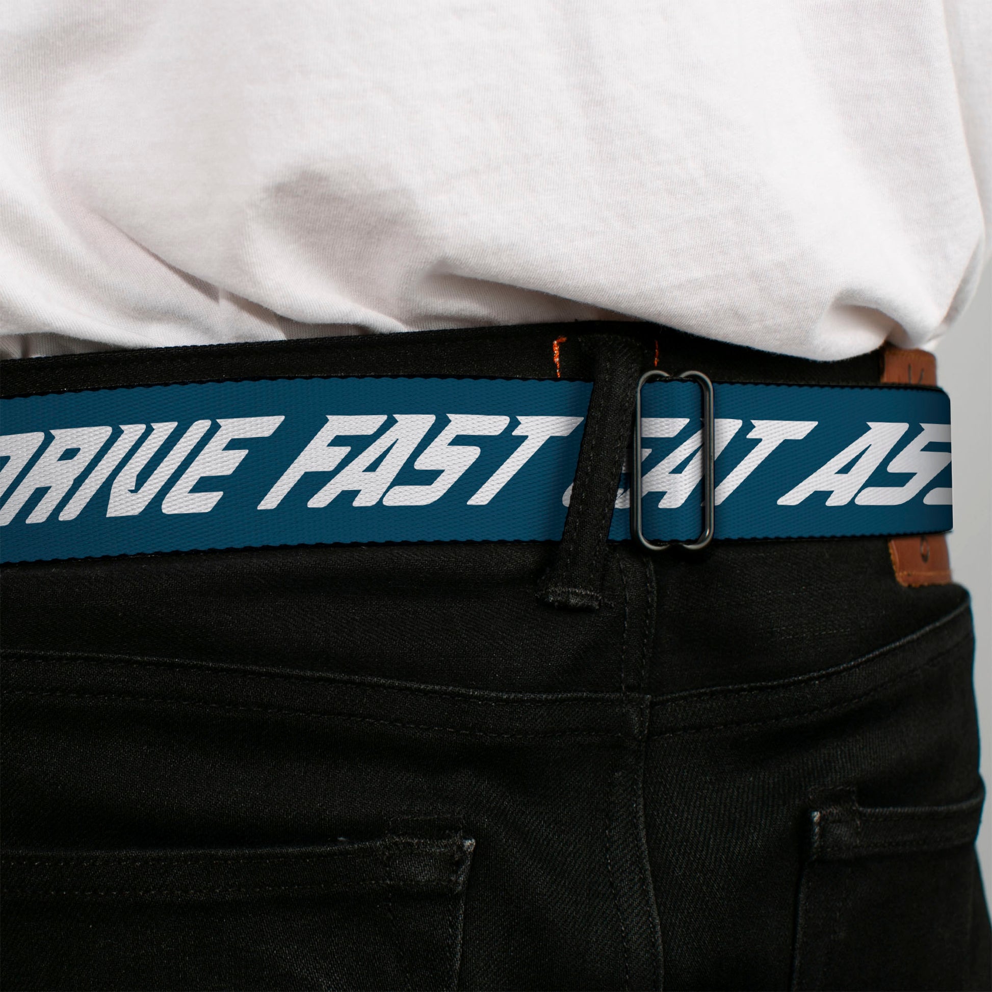 BD Wings Logo CLOSE-UP Black/Silver Seatbelt Belt - DRIVE FAST EAT ASS Text Racing Flags Blue/White Webbing Seatbelt Belts Buckle-Down