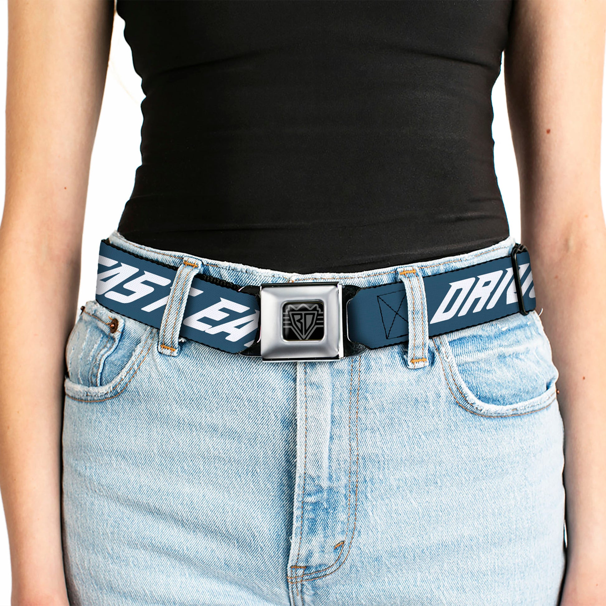 BD Wings Logo CLOSE-UP Black/Silver Seatbelt Belt - DRIVE FAST EAT ASS Text Racing Flags Blue/White Webbing Seatbelt Belts Buckle-Down