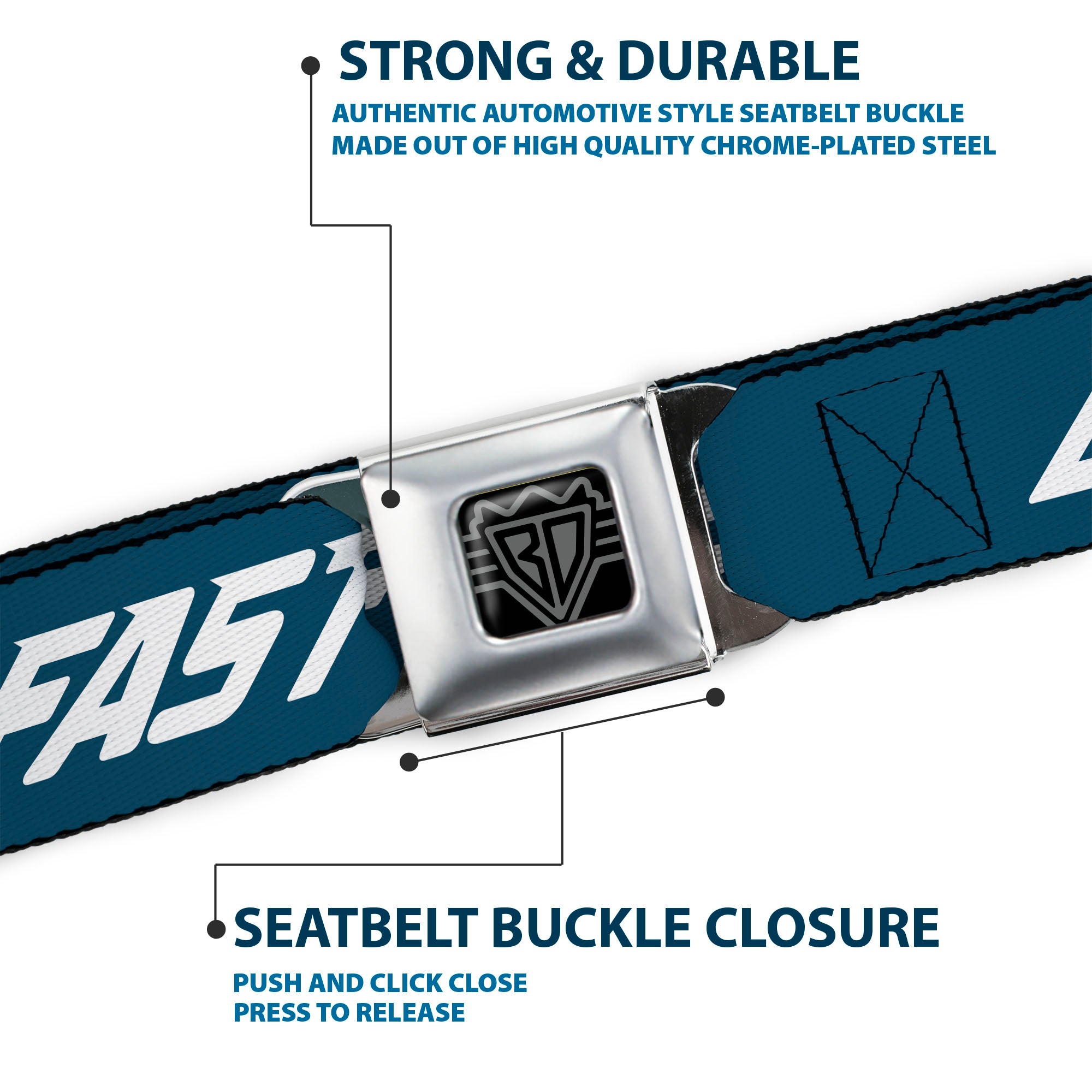 BD Wings Logo CLOSE-UP Black/Silver Seatbelt Belt - DRIVE FAST EAT ASS Text Racing Flags Blue/White Webbing Seatbelt Belts Buckle-Down