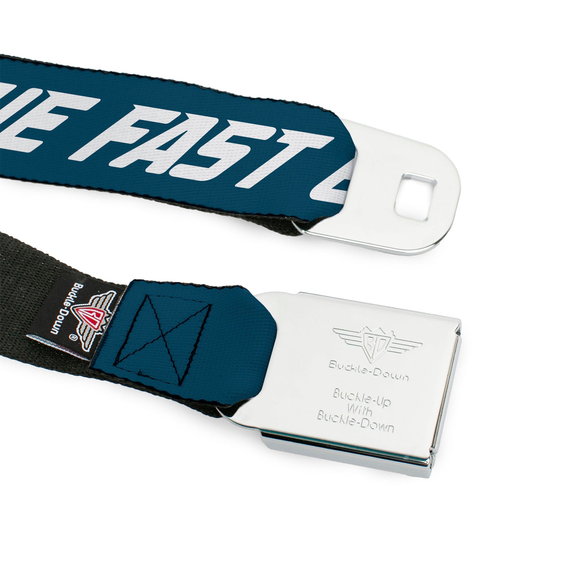 BD Wings Logo CLOSE-UP Black/Silver Seatbelt Belt - DRIVE FAST EAT ASS Text Racing Flags Blue/White Webbing Seatbelt Belts Buckle-Down