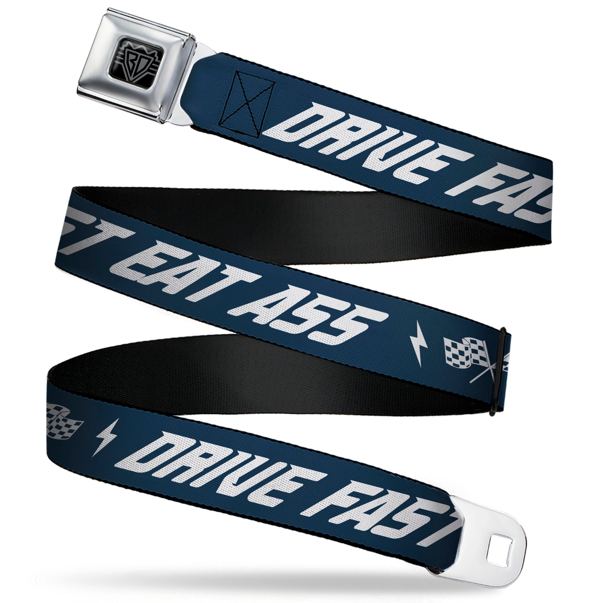 BD Wings Logo CLOSE-UP Black/Silver Seatbelt Belt - DRIVE FAST EAT ASS Text Racing Flags Blue/White Webbing Seatbelt Belts Buckle-Down