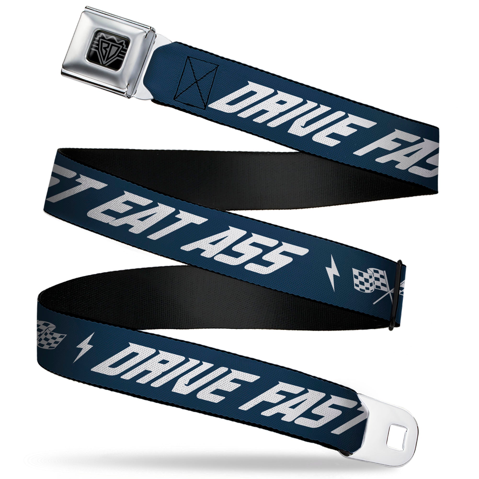 BD Wings Logo CLOSE-UP Black/Silver Seatbelt Belt - DRIVE FAST EAT ASS Text Racing Flags Blue/White Webbing Seatbelt Belts Buckle-Down
