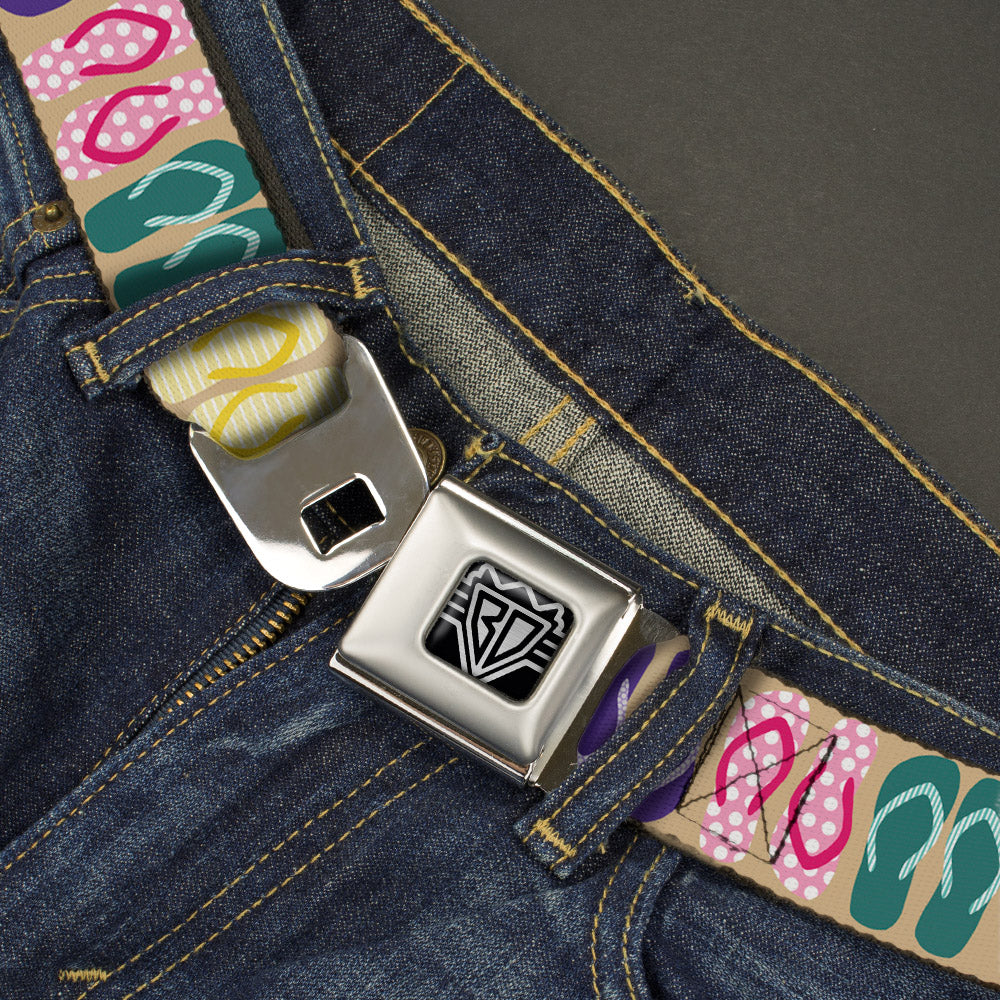 BD Wings Logo CLOSE-UP Full Color Black Silver Seatbelt Belt - Flip Flops5 CLOSE-UP Sand/Multi Color Webbing Seatbelt Belts Buckle-Down