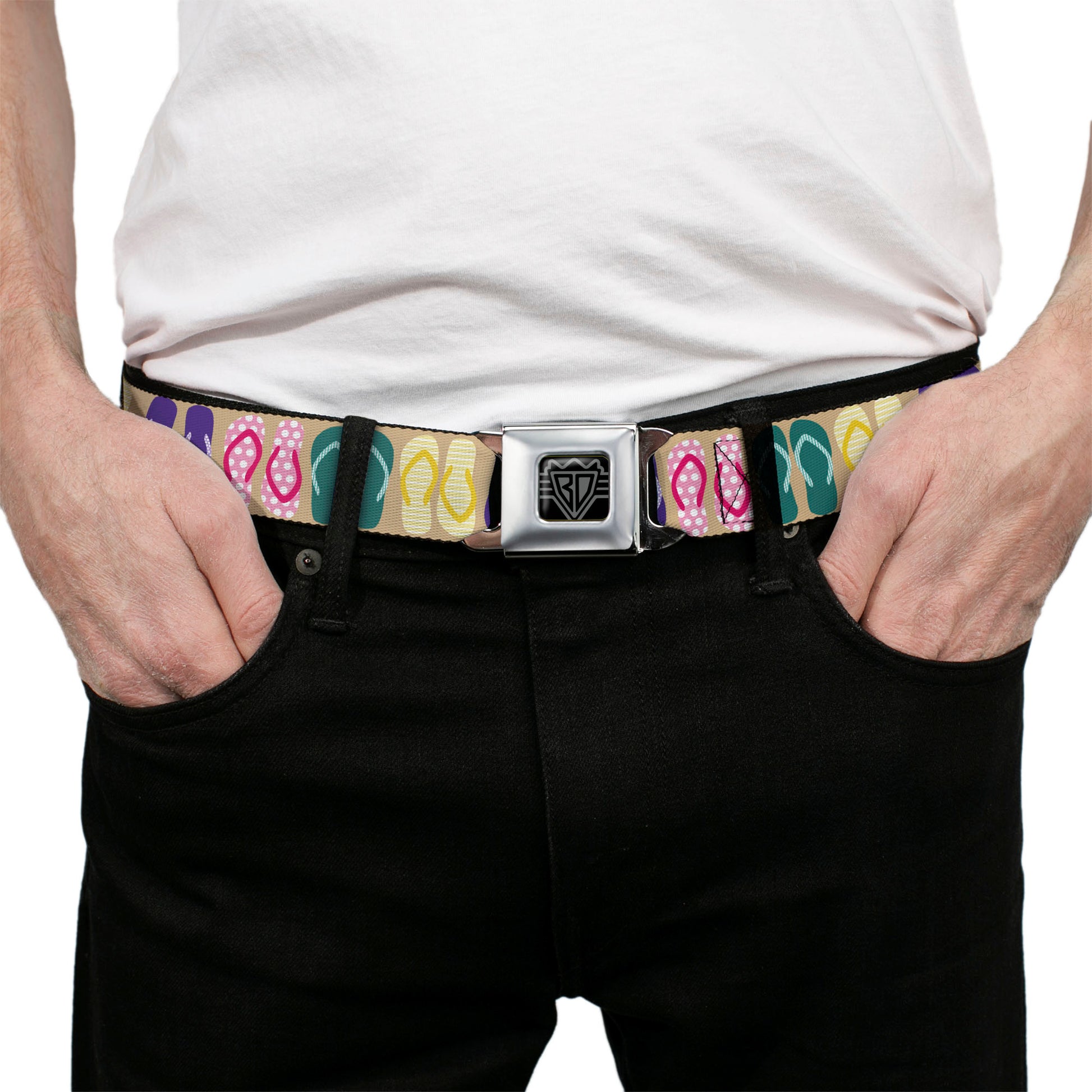 BD Wings Logo CLOSE-UP Full Color Black Silver Seatbelt Belt - Flip Flops5 CLOSE-UP Sand/Multi Color Webbing Seatbelt Belts Buckle-Down
