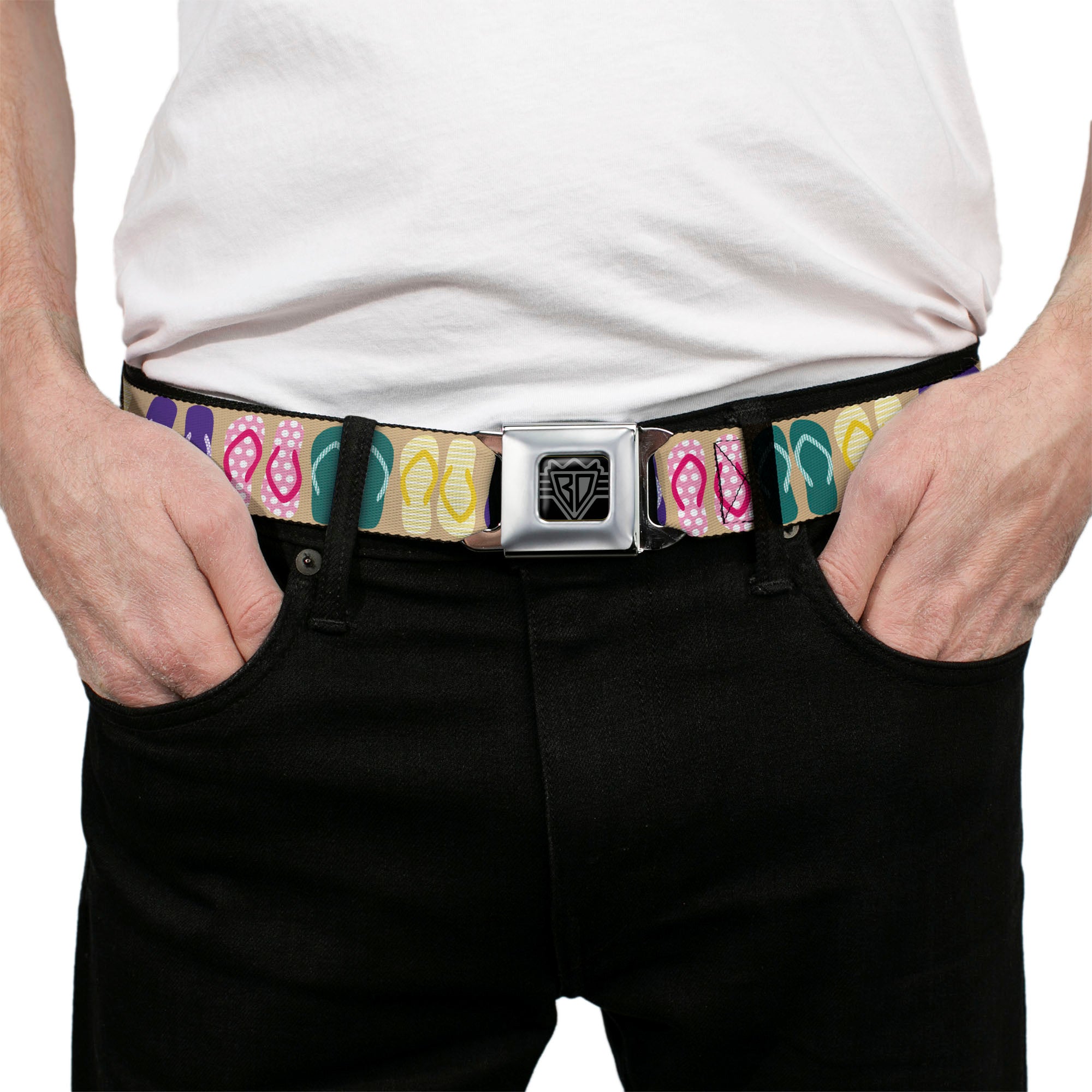 BD Wings Logo CLOSE-UP Full Color Black Silver Seatbelt Belt - Flip Flops5 CLOSE-UP Sand/Multi Color Webbing Seatbelt Belts Buckle-Down