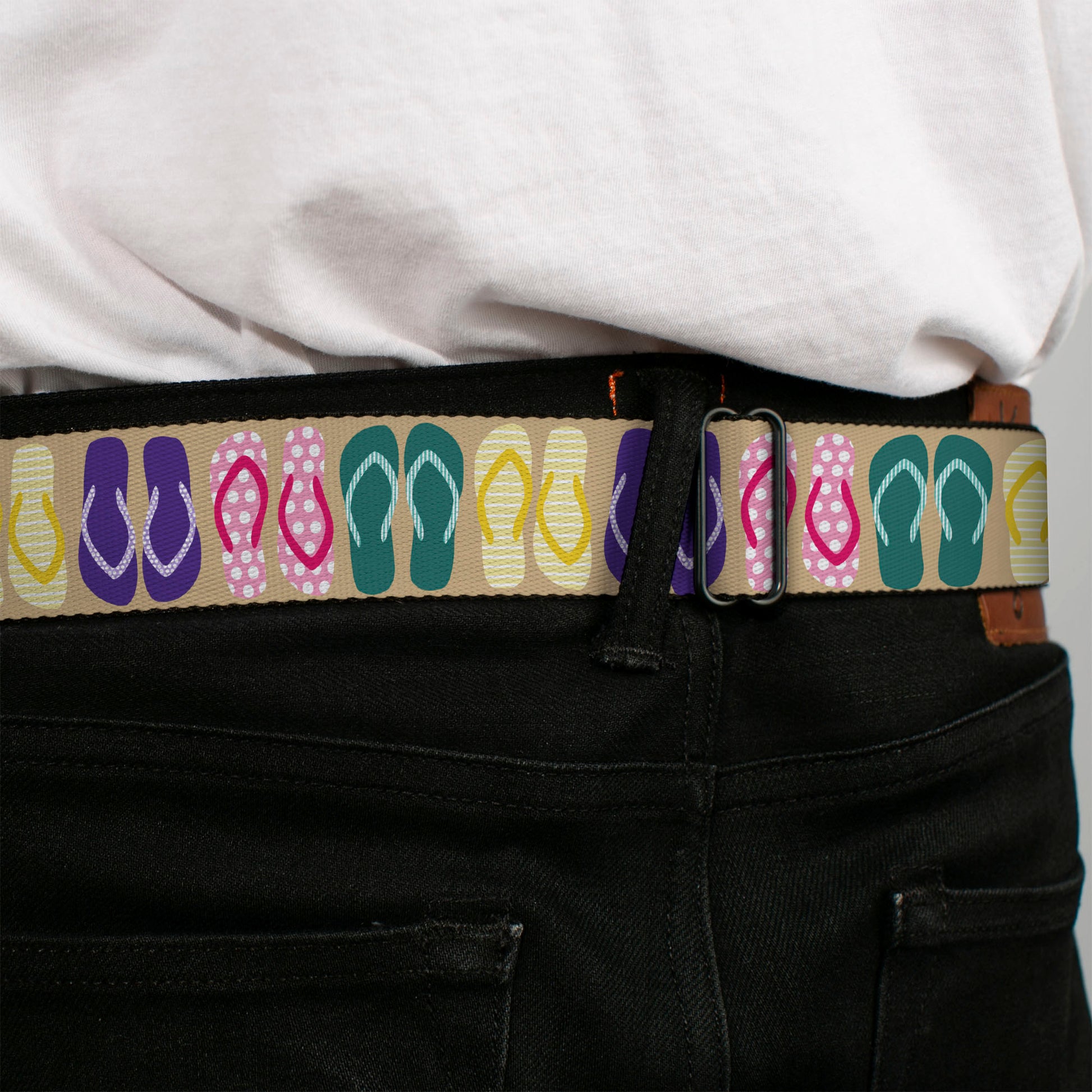 BD Wings Logo CLOSE-UP Full Color Black Silver Seatbelt Belt - Flip Flops5 CLOSE-UP Sand/Multi Color Webbing Seatbelt Belts Buckle-Down