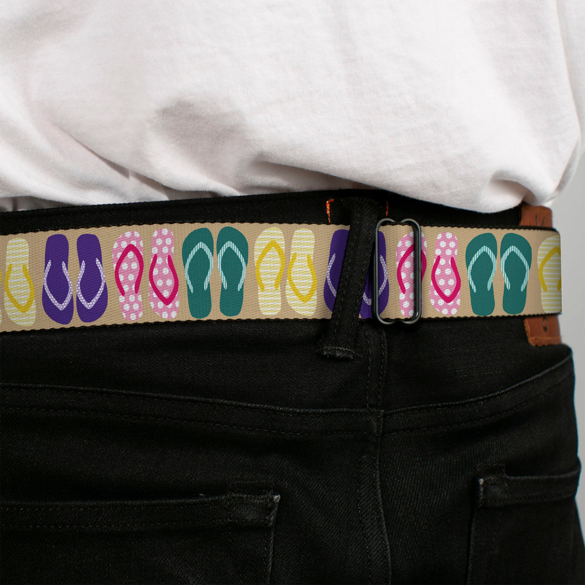 BD Wings Logo CLOSE-UP Full Color Black Silver Seatbelt Belt - Flip Flops5 CLOSE-UP Sand/Multi Color Webbing Seatbelt Belts Buckle-Down