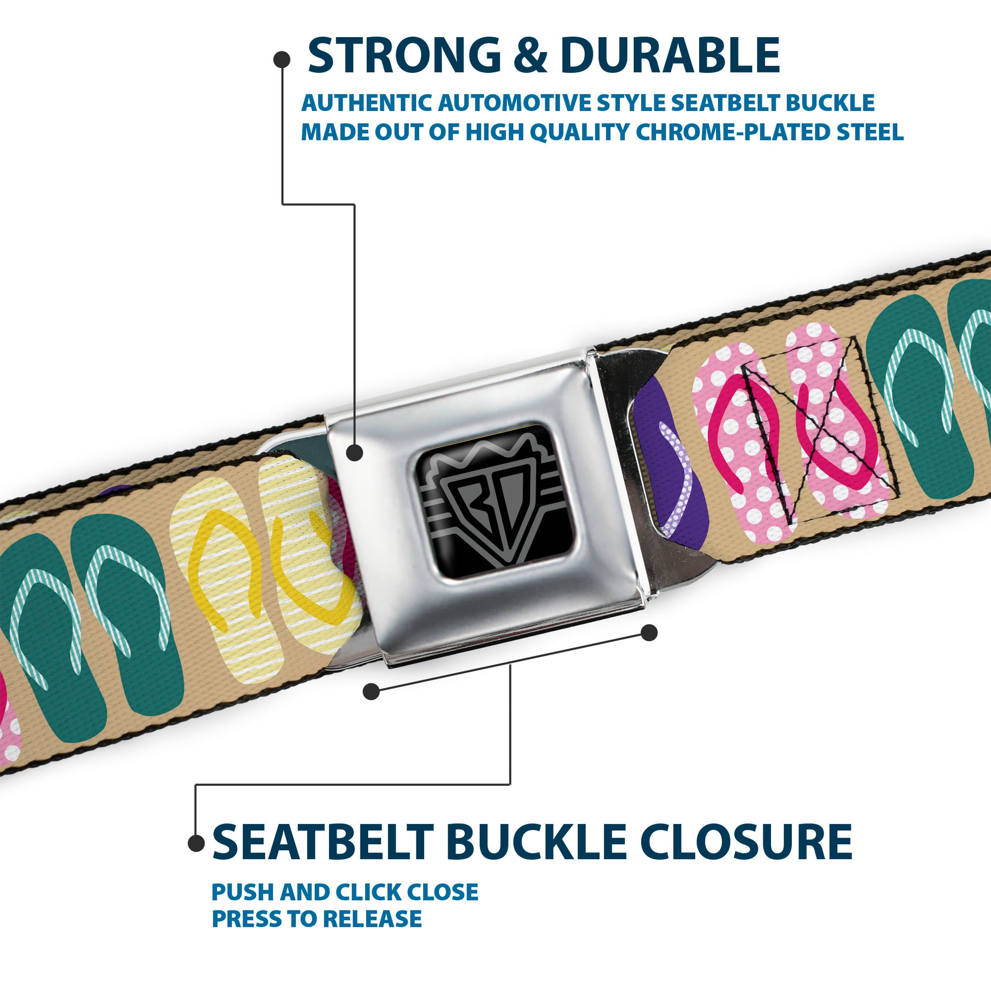 BD Wings Logo CLOSE-UP Full Color Black Silver Seatbelt Belt - Flip Flops5 CLOSE-UP Sand/Multi Color Webbing Seatbelt Belts Buckle-Down