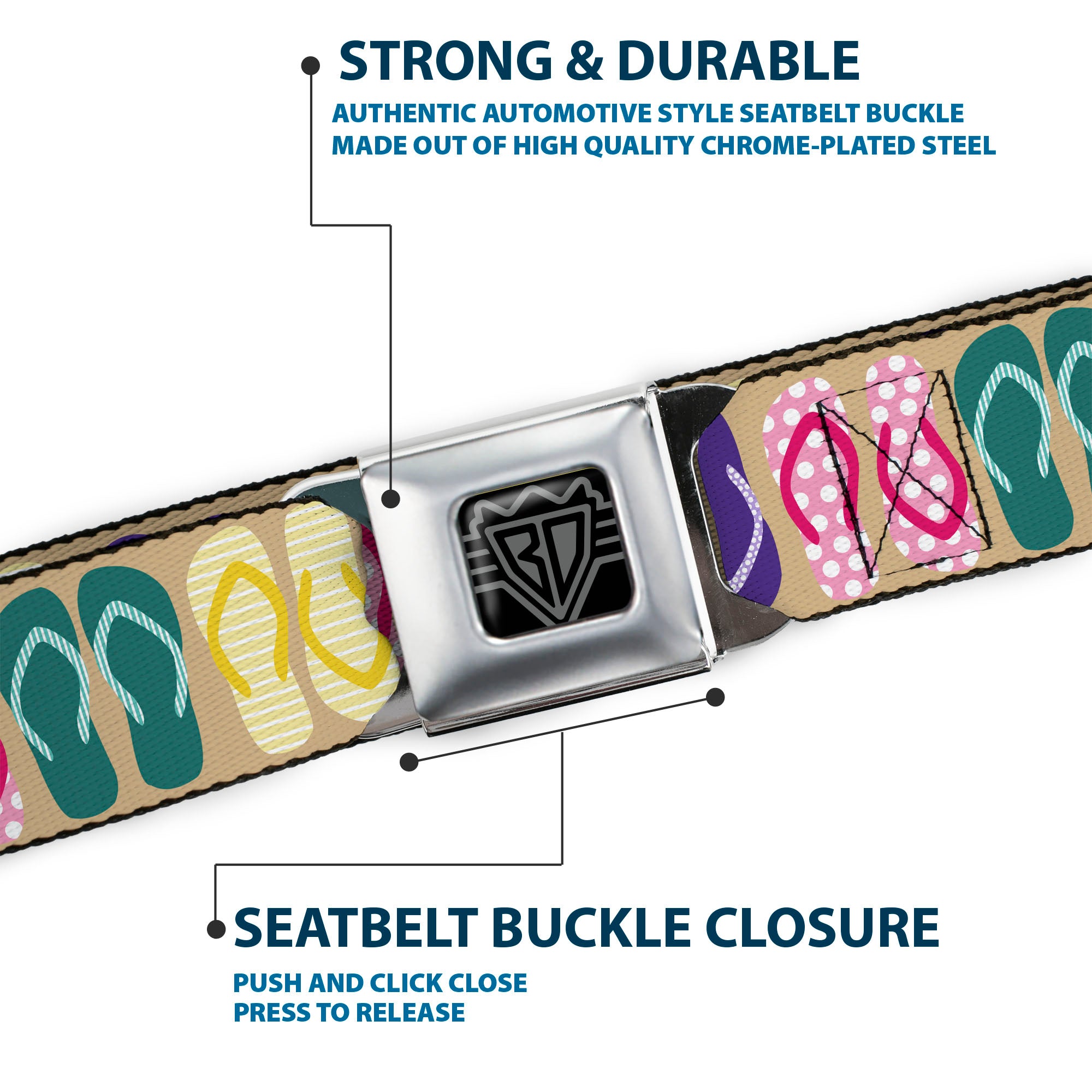 BD Wings Logo CLOSE-UP Full Color Black Silver Seatbelt Belt - Flip Flops5 CLOSE-UP Sand/Multi Color Webbing Seatbelt Belts Buckle-Down