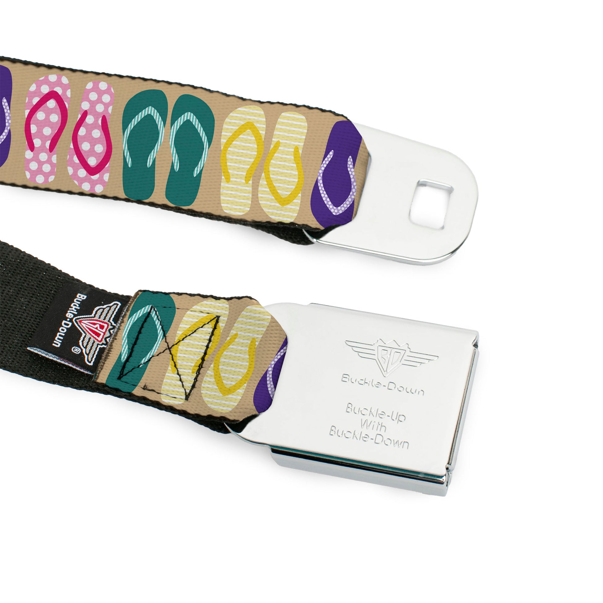 BD Wings Logo CLOSE-UP Full Color Black Silver Seatbelt Belt - Flip Flops5 CLOSE-UP Sand/Multi Color Webbing Seatbelt Belts Buckle-Down