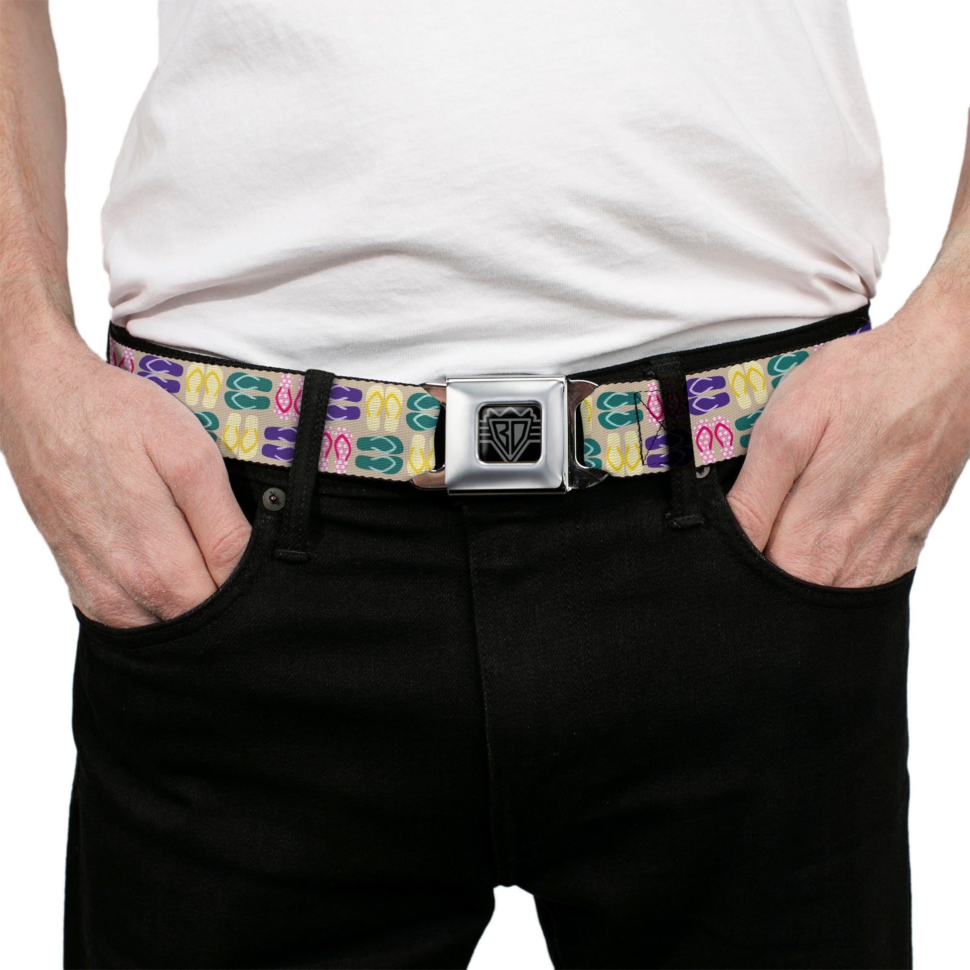 BD Wings Logo CLOSE-UP Full Color Black Silver Seatbelt Belt - Flip Flops6 Sand/Multi Color Webbing Seatbelt Belts Buckle-Down