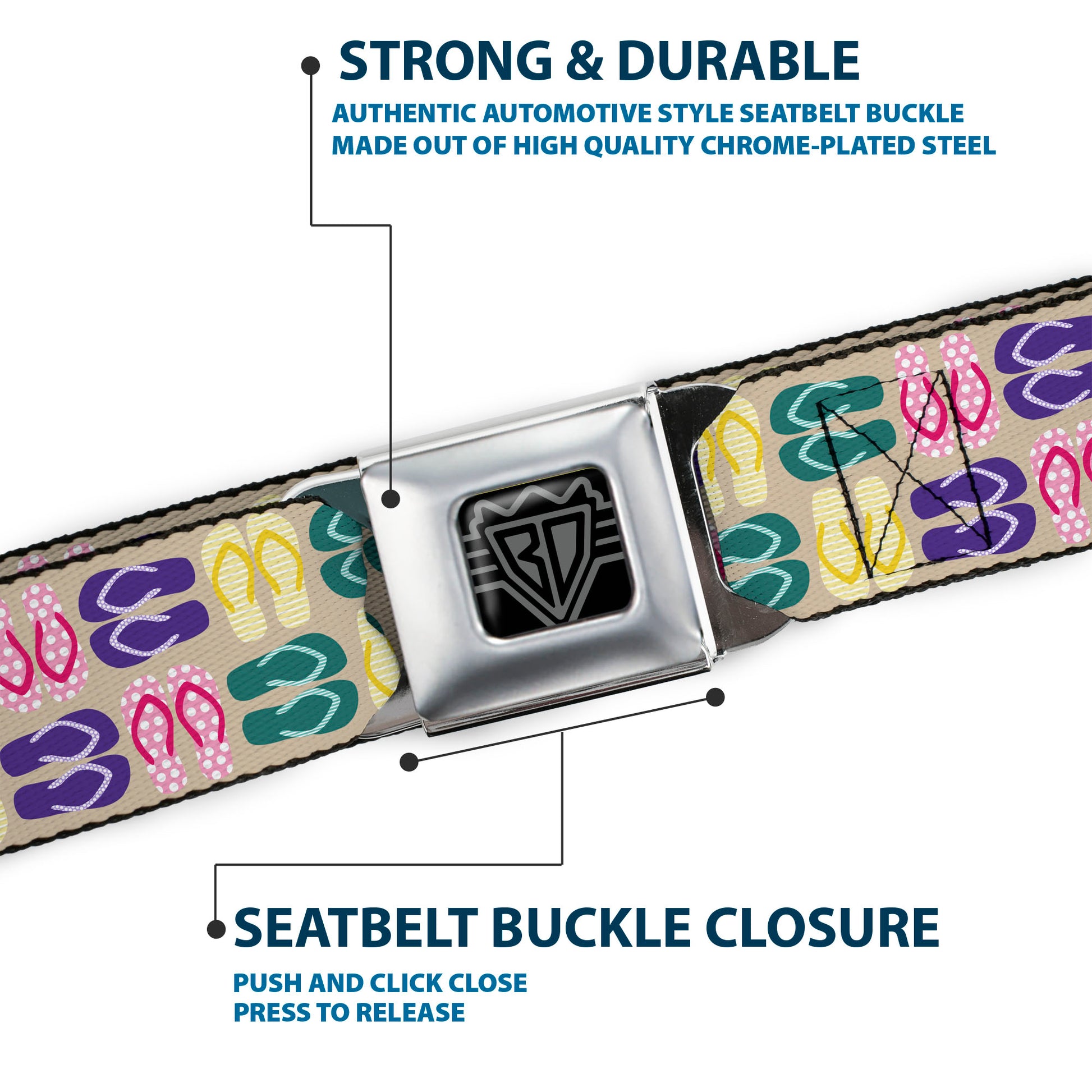 BD Wings Logo CLOSE-UP Full Color Black Silver Seatbelt Belt - Flip Flops6 Sand/Multi Color Webbing Seatbelt Belts Buckle-Down